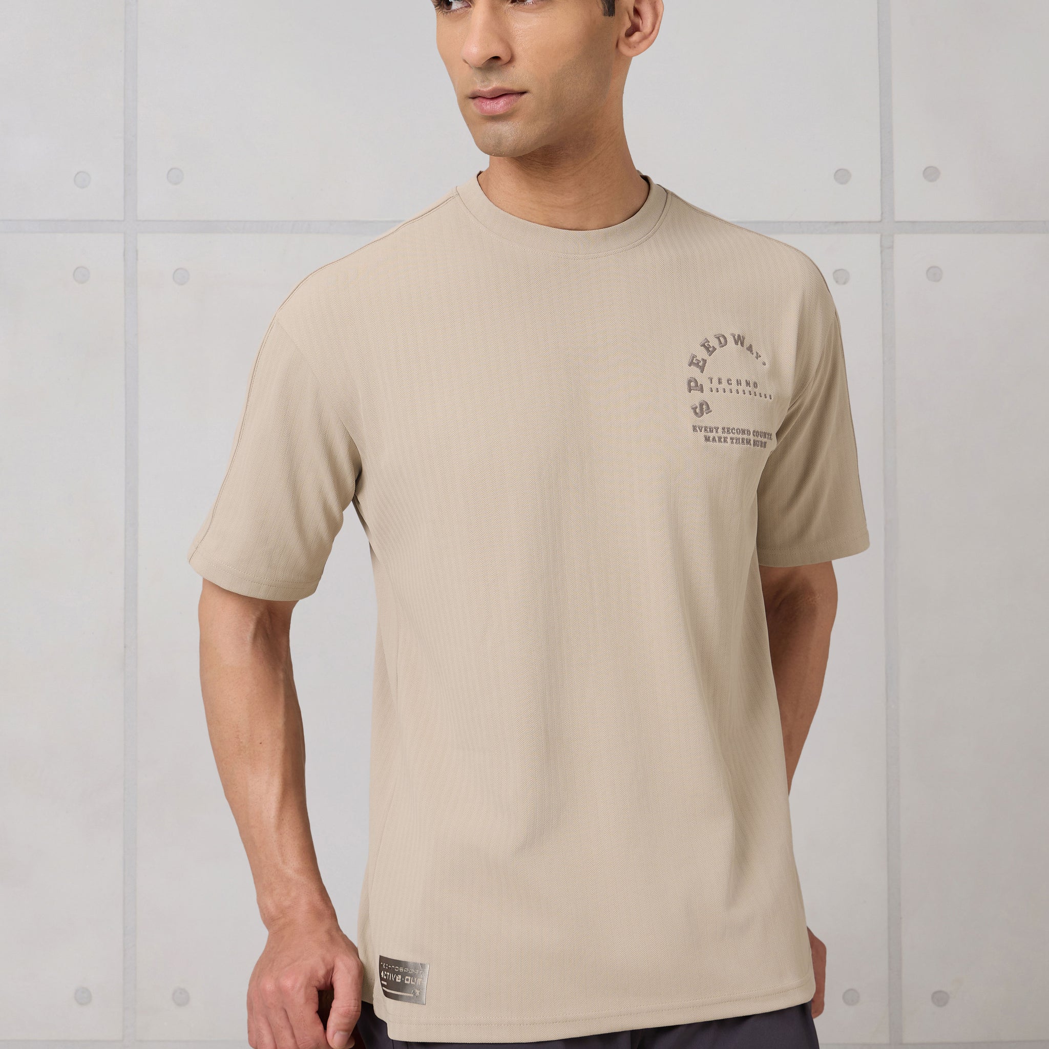Men Round Neck Self Design Active Out Regular Fit T-Shirt with ELASTOPLUS