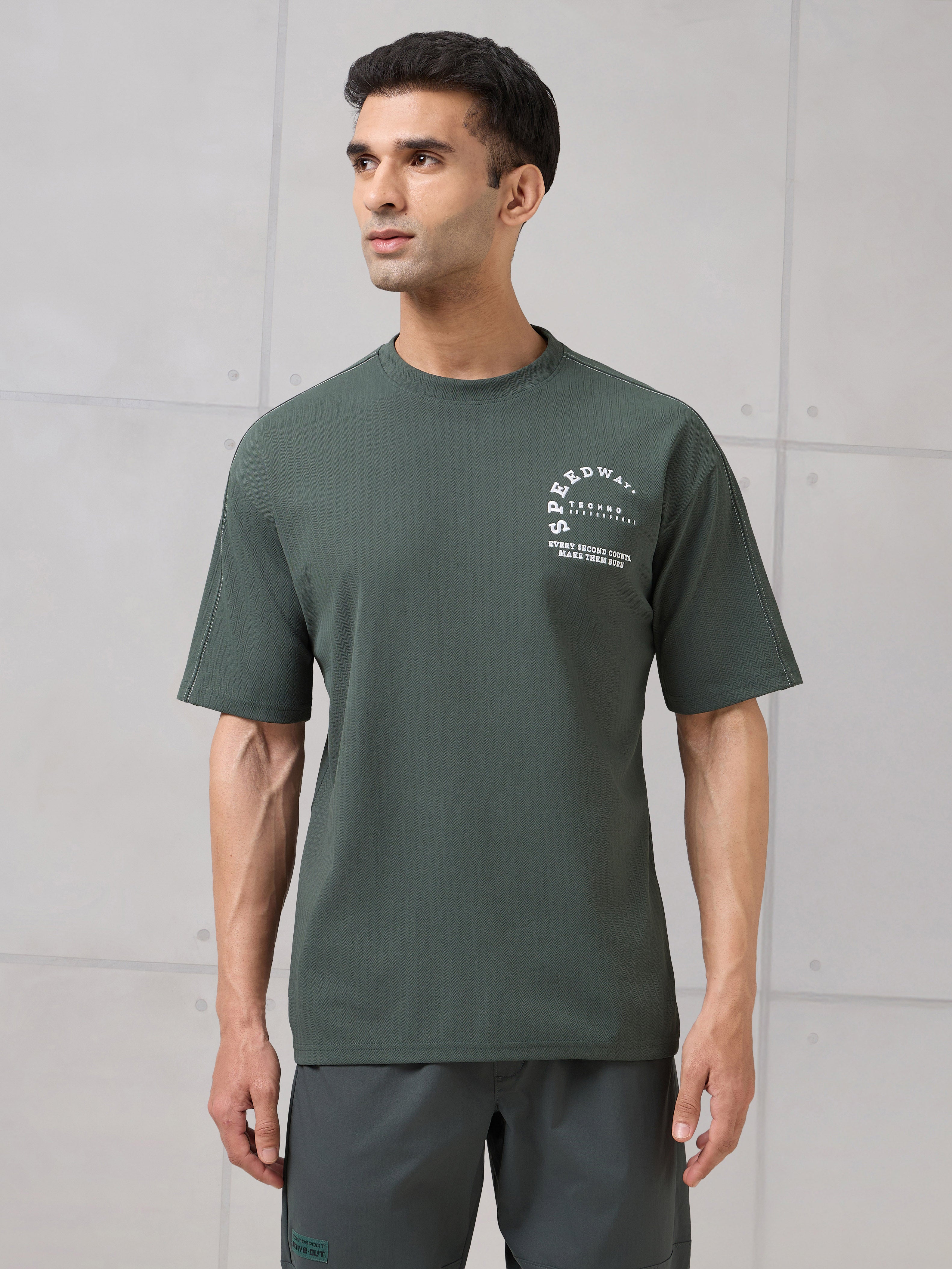 Men Round Neck Self Design Active Out Regular Fit T-Shirt with ELASTOPLUS