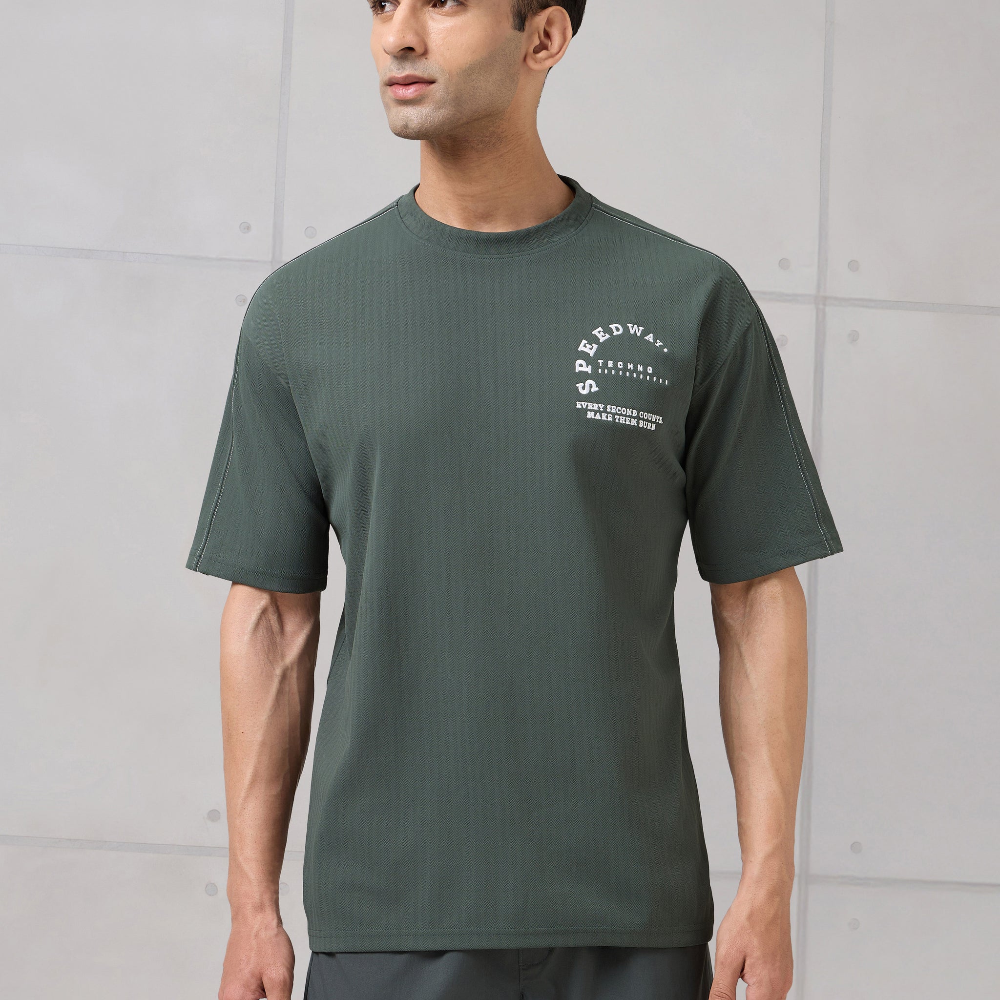 Men Round Neck Self Design Active Out Regular Fit T-Shirt with ELASTOPLUS