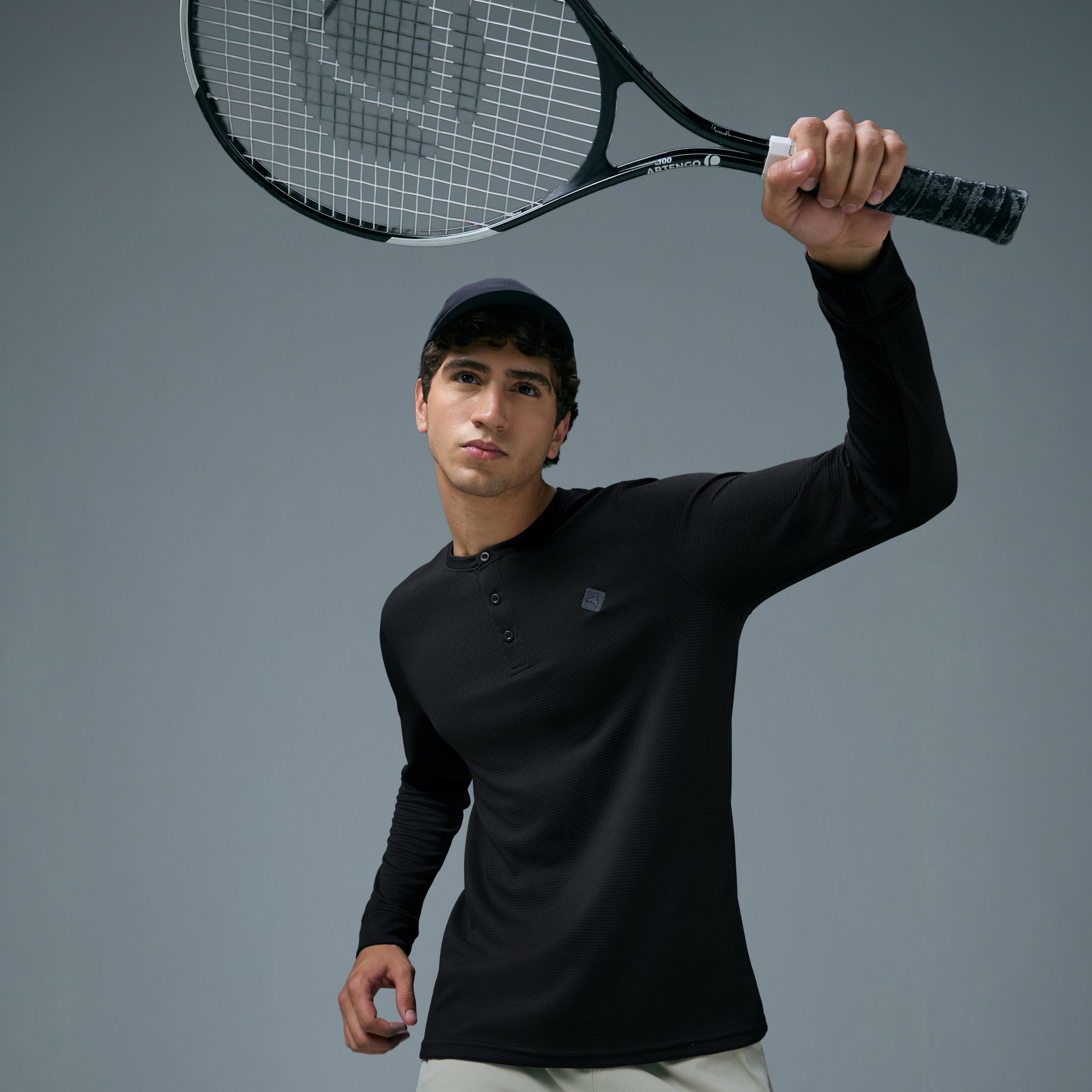 Men Self Design Slim Fit Henley Neck Sports T-Shirt with TECHNOCOOL+