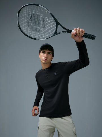 Men Self Design Slim Fit Henley Neck Sports T-Shirt with TECHNOCOOL+