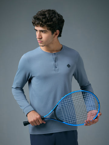 Men Self Design Slim Fit Henley Neck Sports T-Shirt with TECHNOCOOL+