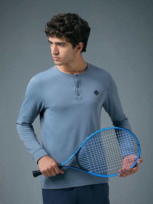 Men Self Design Slim Fit Henley Neck Sports T-Shirt with TECHNOCOOL+