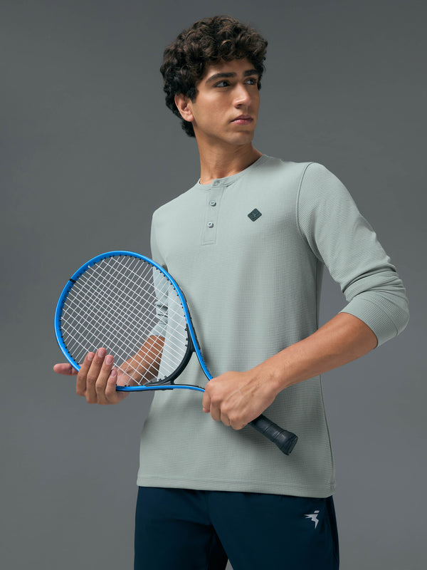 Men Self Design Slim Fit Henley Neck Sports T-Shirt with TECHNOCOOL+