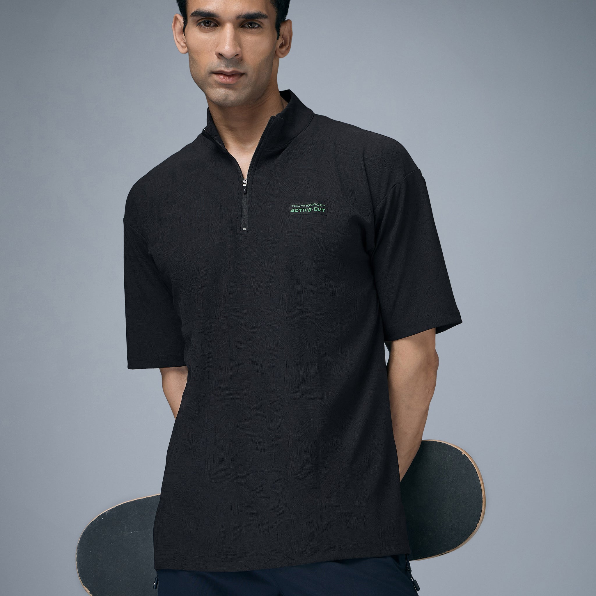 Men Mock Neck Self Design Oversized Active Out T-shirt with MATPIQ