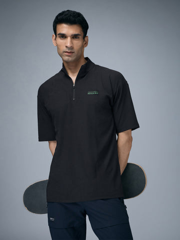 Men Mock Neck Self Design Oversized Active Out T-shirt with MATPIQ