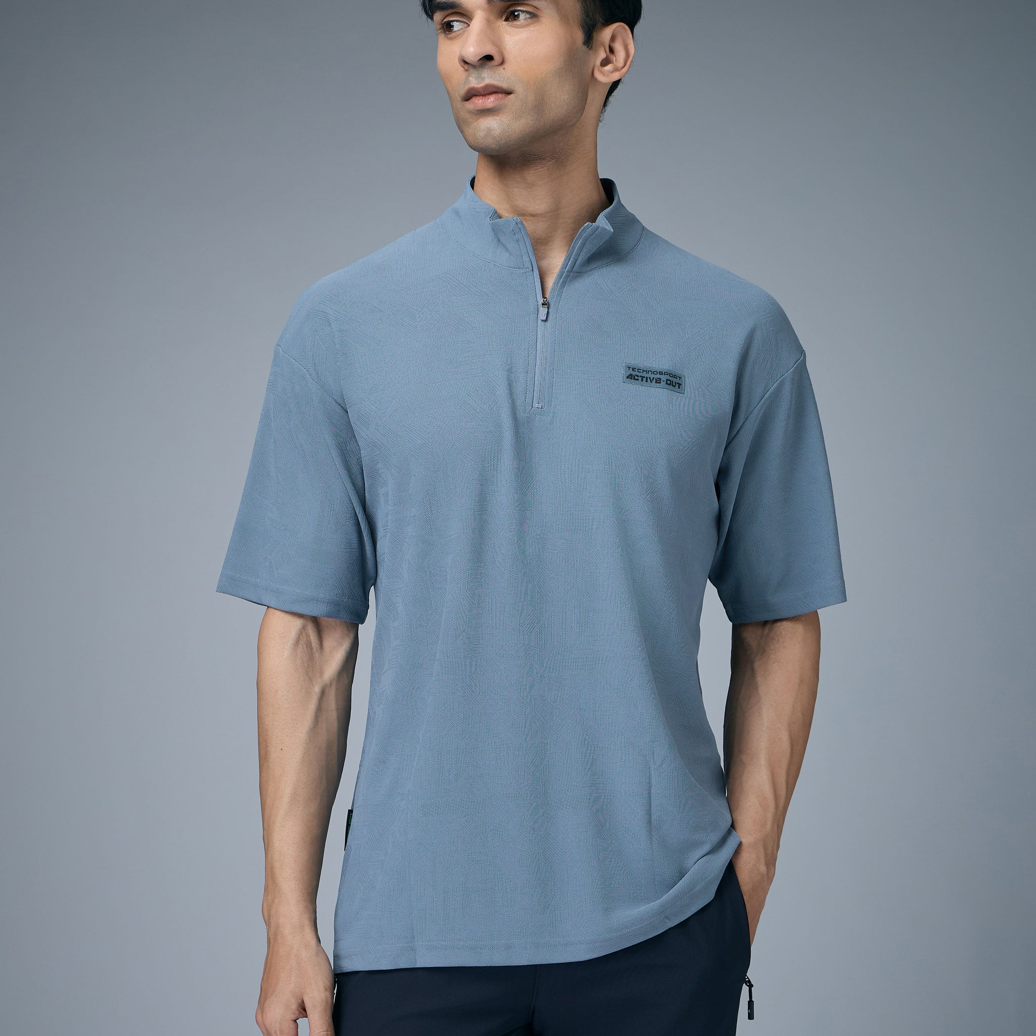 Men Mock Neck Self Design Oversized Active Out T-shirt with MATPIQ