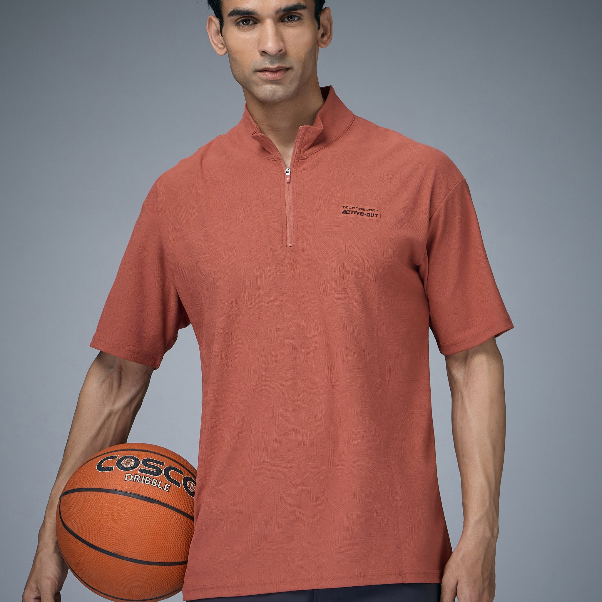 Men Mock Neck Self Design Oversized Active Out T-shirt with MATPIQ