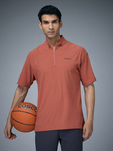 Men Mock Neck Self Design Oversized Active Out T-shirt with MATPIQ