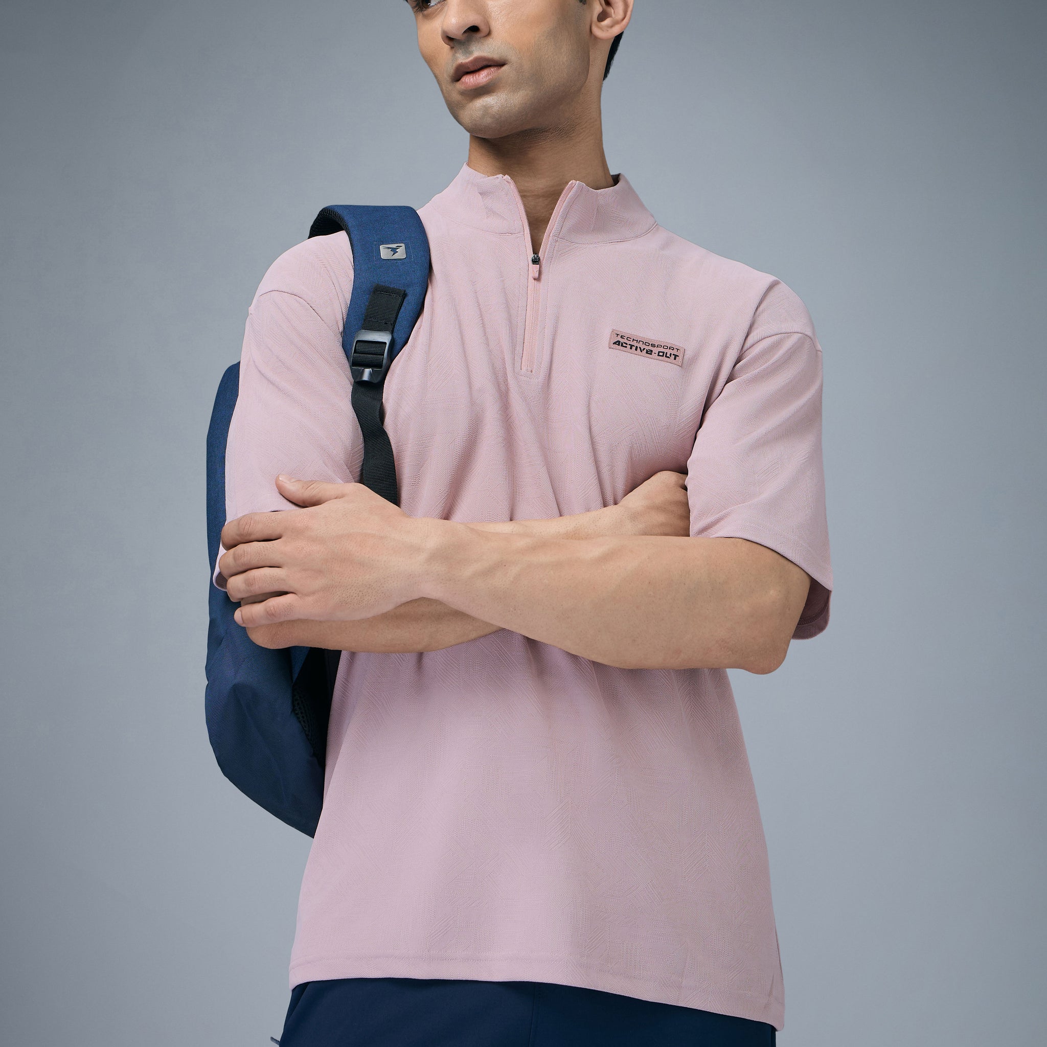 Men Mock Neck Self Design Oversized Active Out T-shirt with MATPIQ