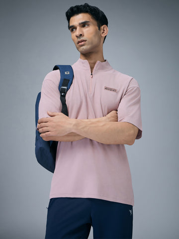 Men Mock Neck Self Design Oversized Active Out T-shirt with MATPIQ