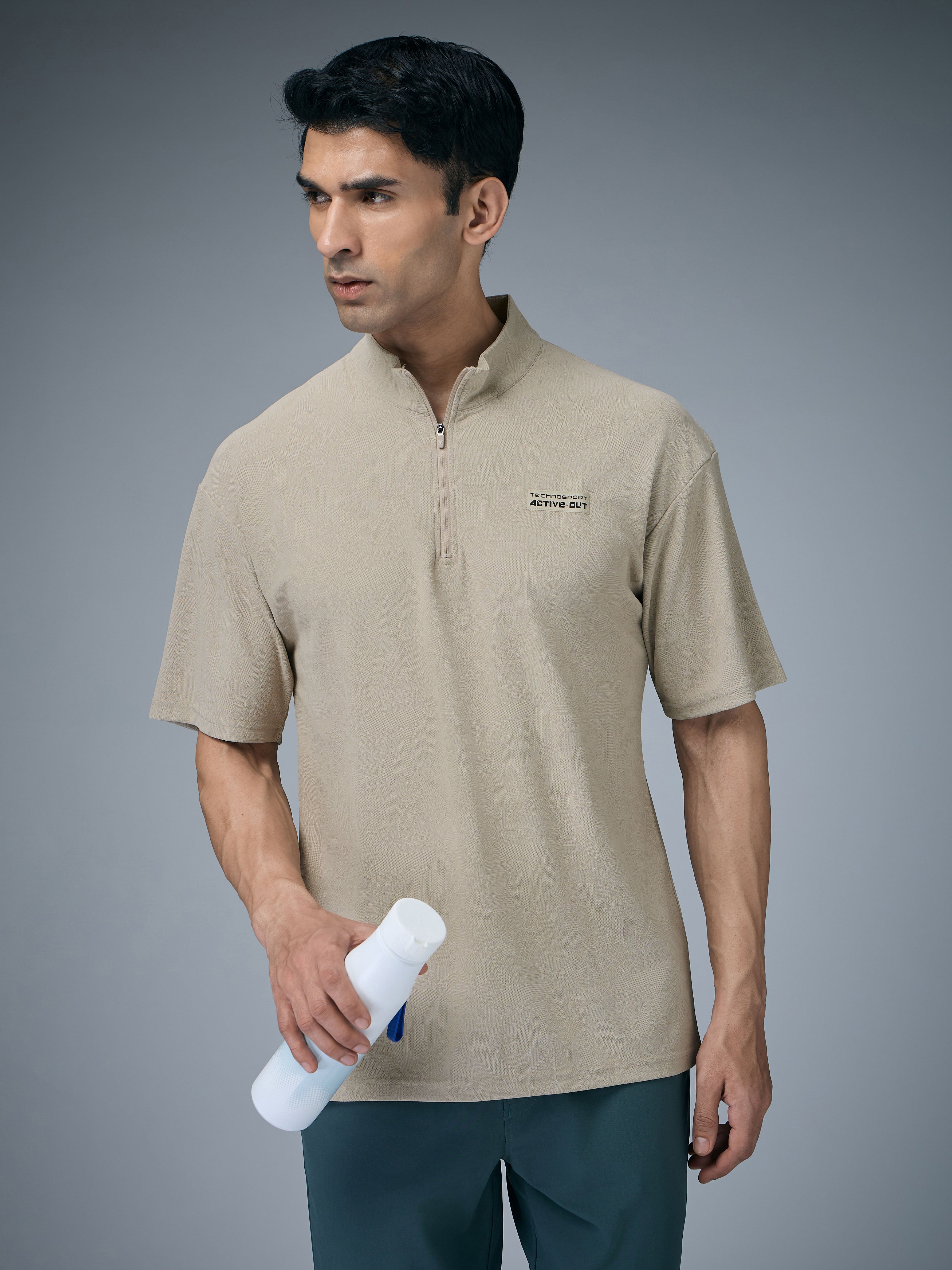 Men Mock Neck Self Design Oversized Active Out T-shirt with MATPIQ