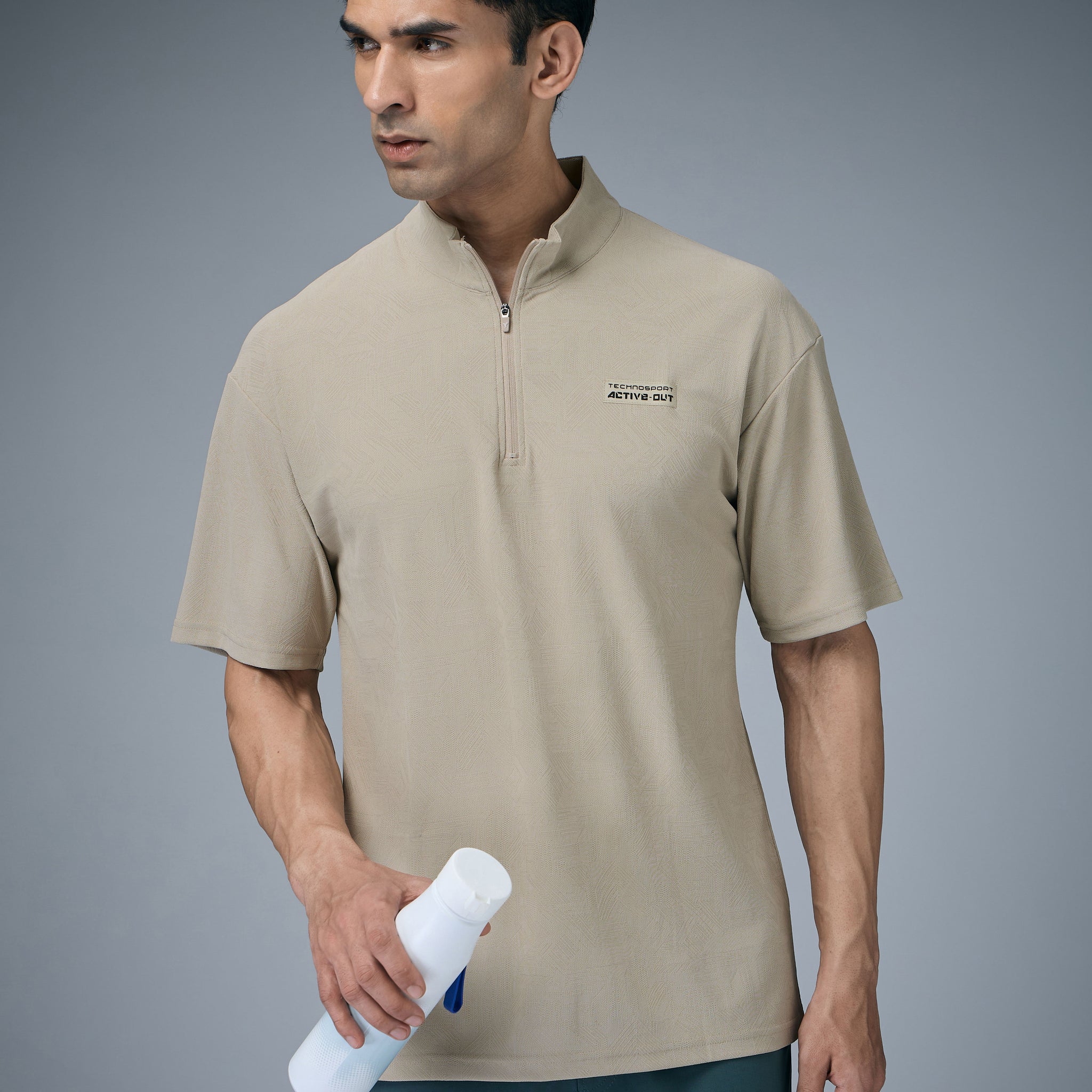 Men Mock Neck Self Design Oversized Active Out T-shirt with MATPIQ