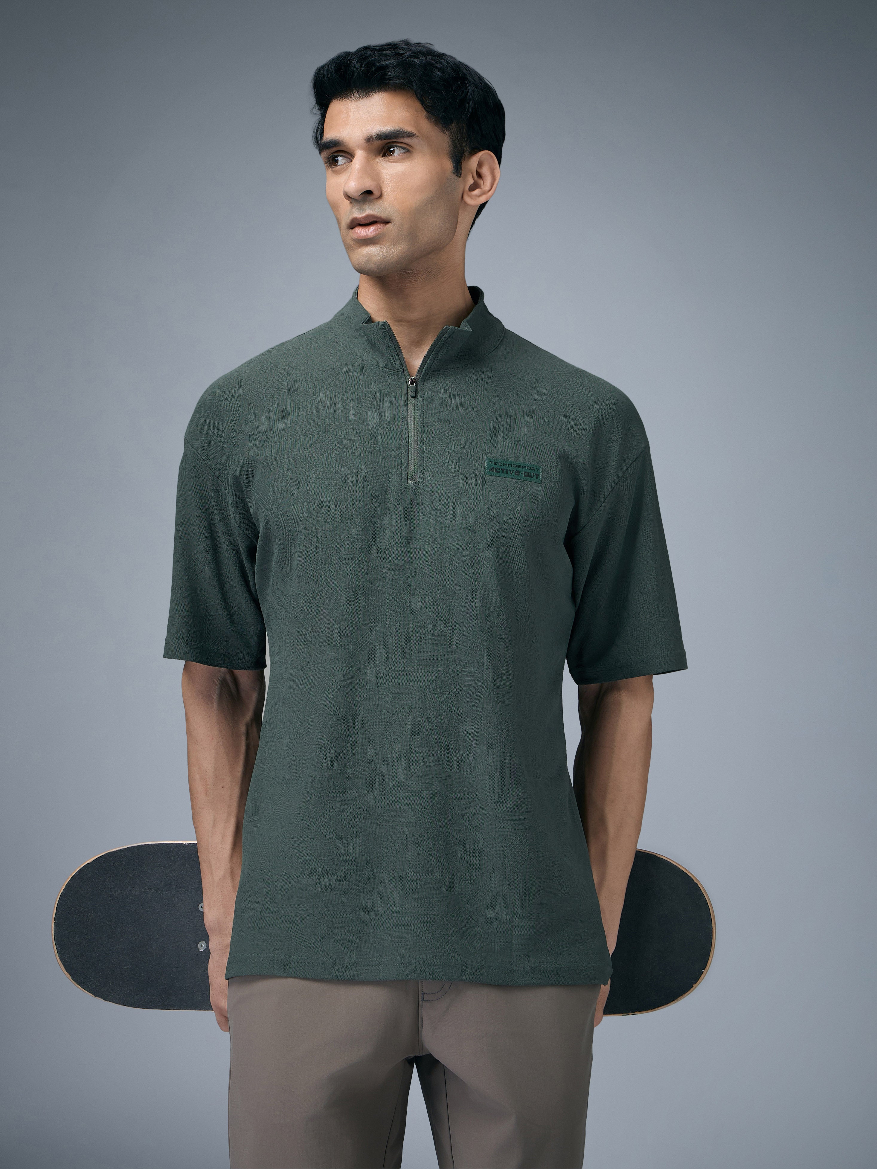 Men Mock Neck Self Design Oversized Active Out T-shirt with MATPIQ