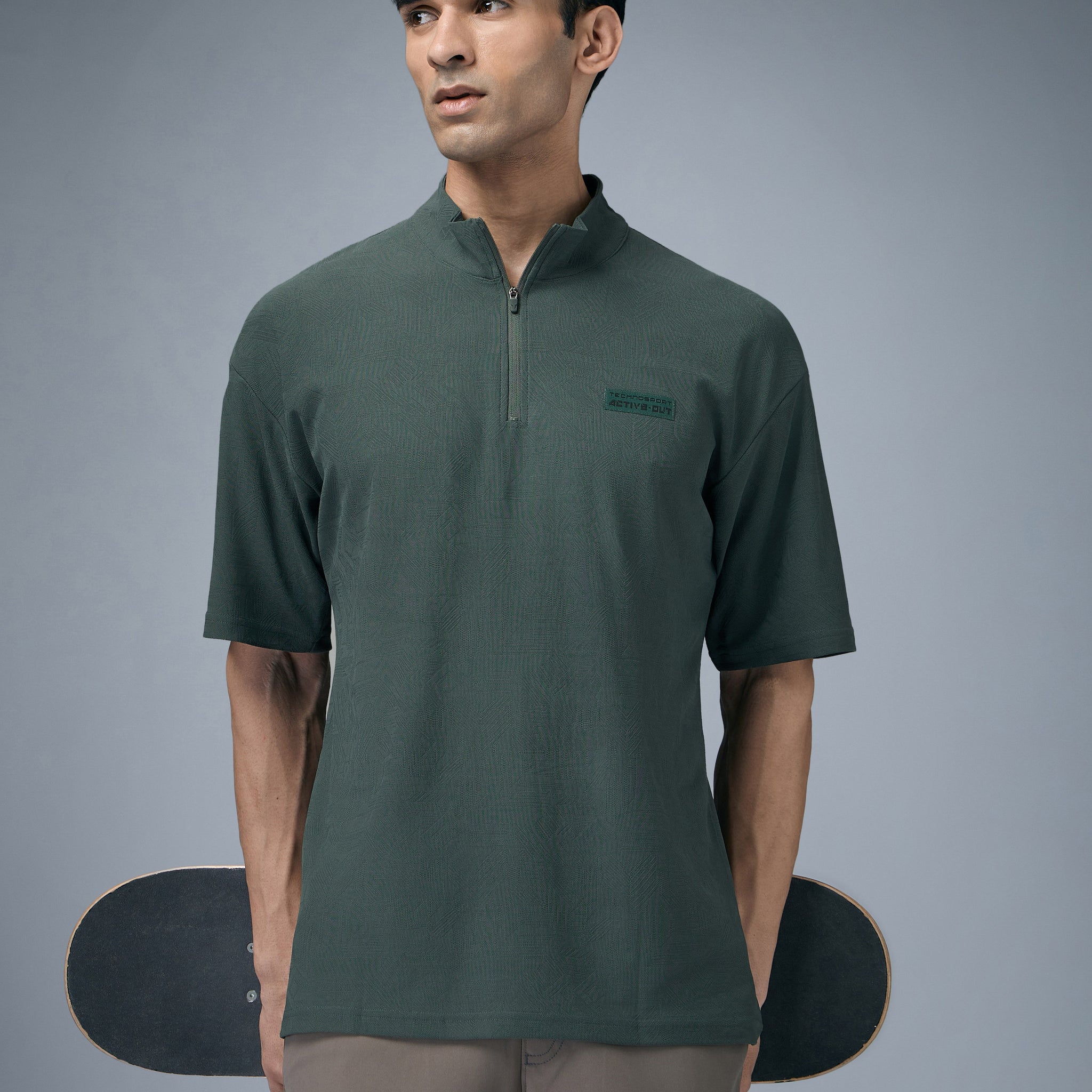 Men Mock Neck Self Design Oversized Active Out T-shirt with MATPIQ