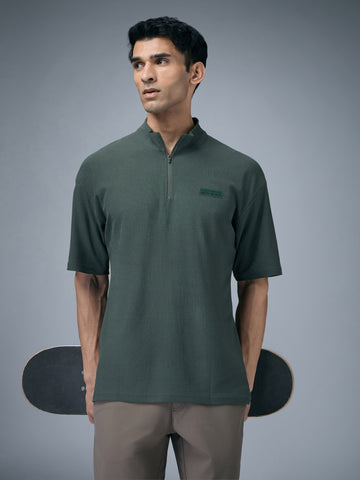 Men Mock Neck Self Design Oversized Active Out T-shirt with MATPIQ