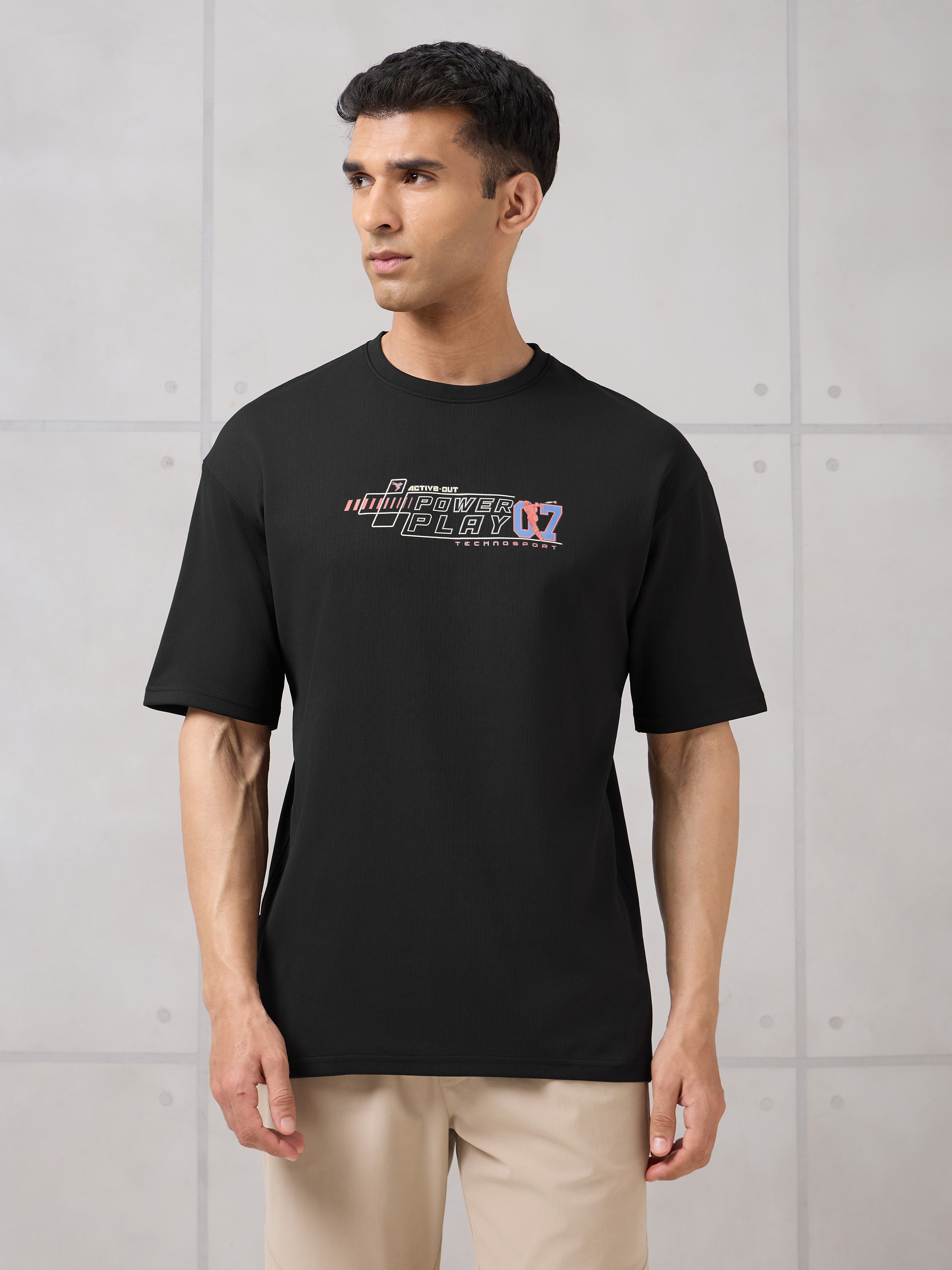 Men Round Neck Typography Printed Active Out Slim Fit T-Shirt with ELASTOPLUS