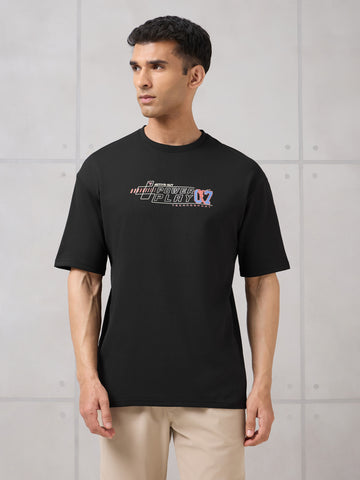 Men Round Neck Typography Printed Active Out Slim Fit T-Shirt with ELASTOPLUS