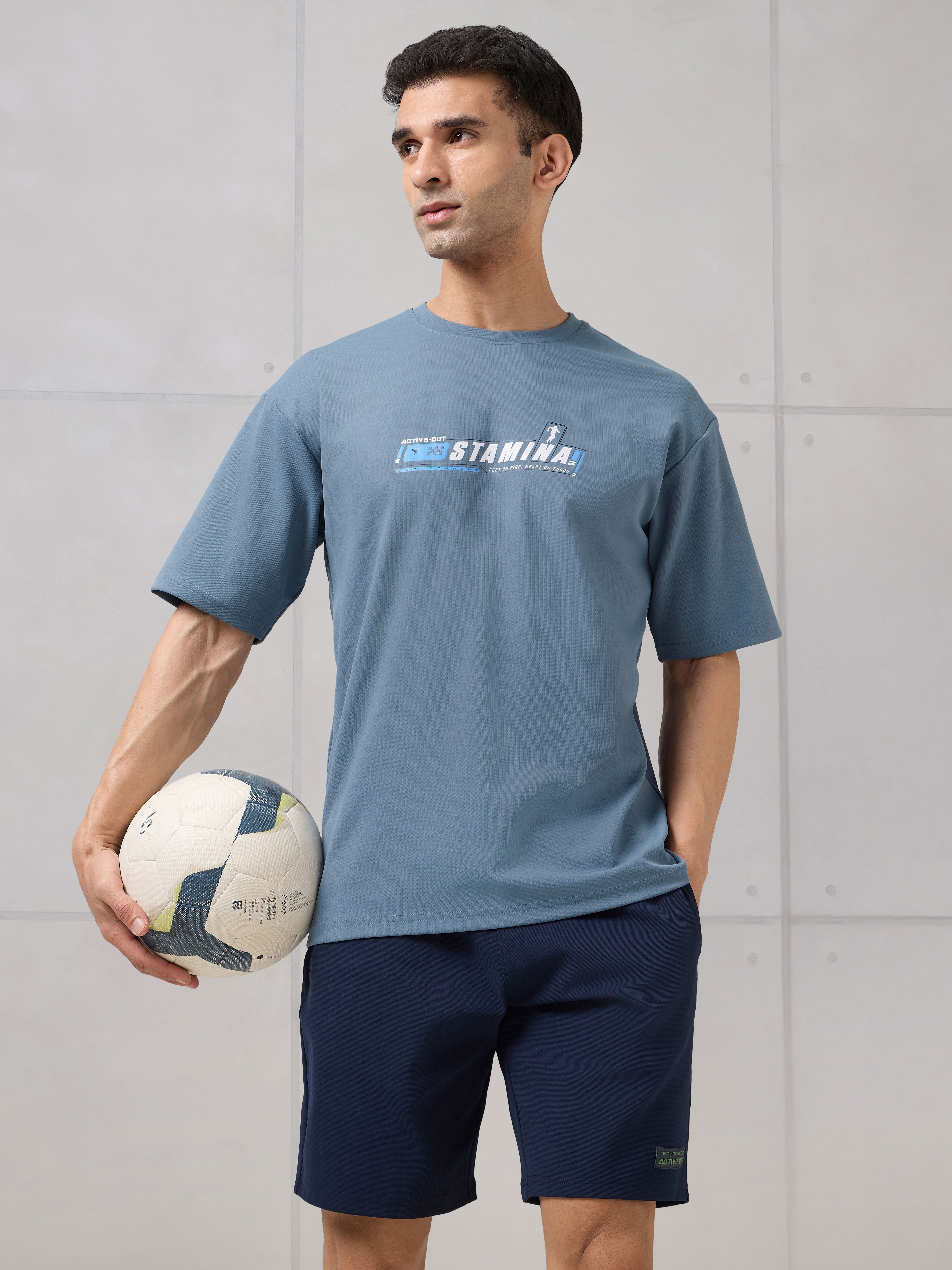 Men Round Neck Typography Printed Active Out Slim Fit T-Shirt with ELASTOPLUS