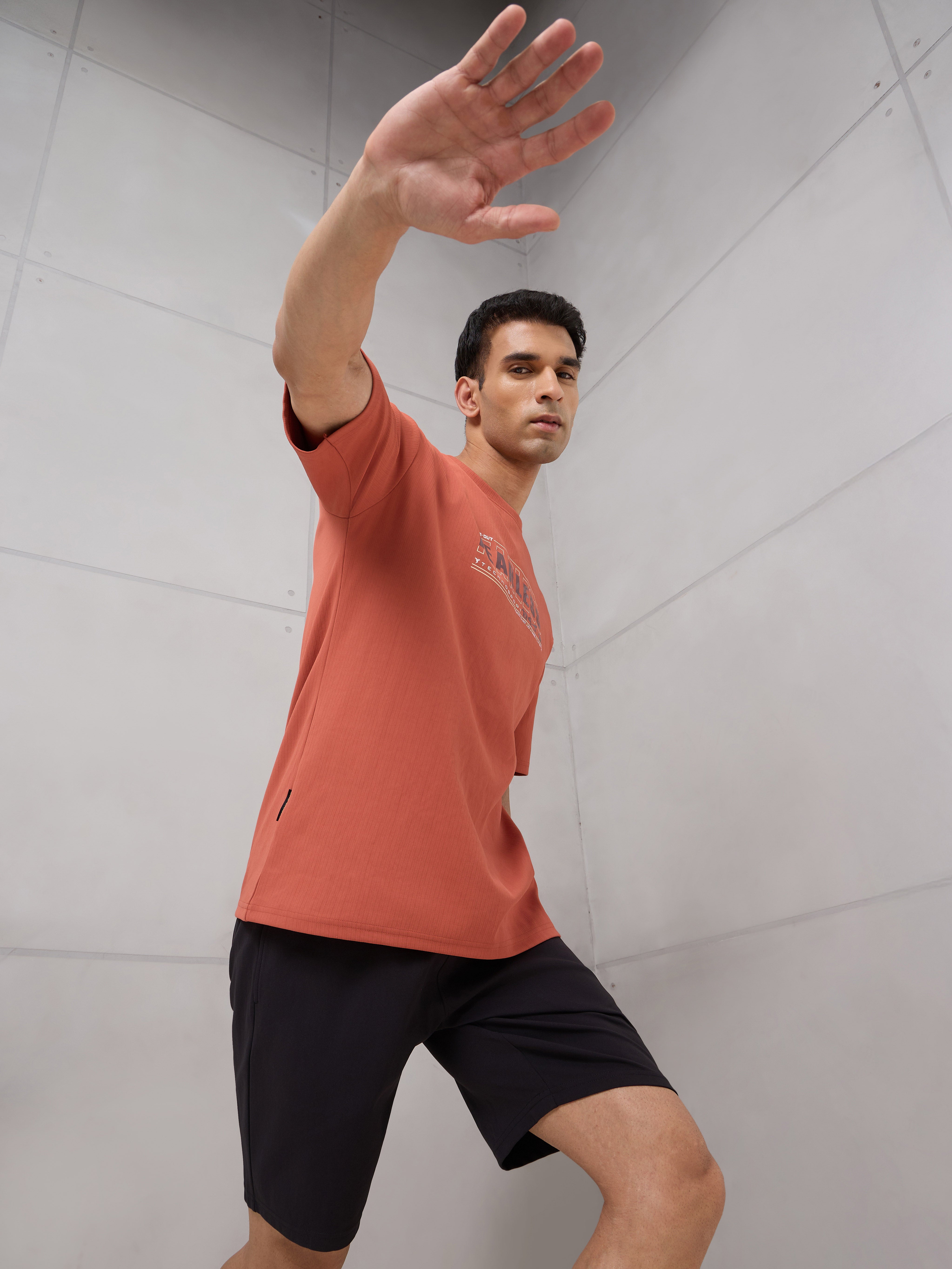 Men Round Neck Typography Printed Active Out Slim Fit T-Shirt with ELASTOPLUS