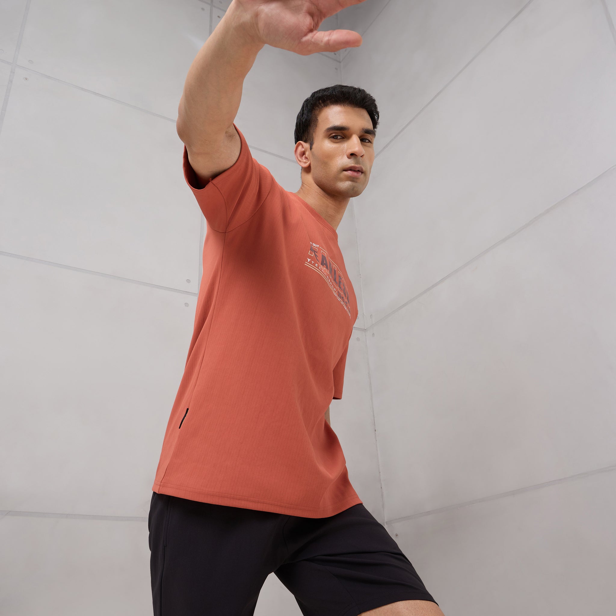 Men Round Neck Typography Printed Active Out Slim Fit T-Shirt with ELASTOPLUS