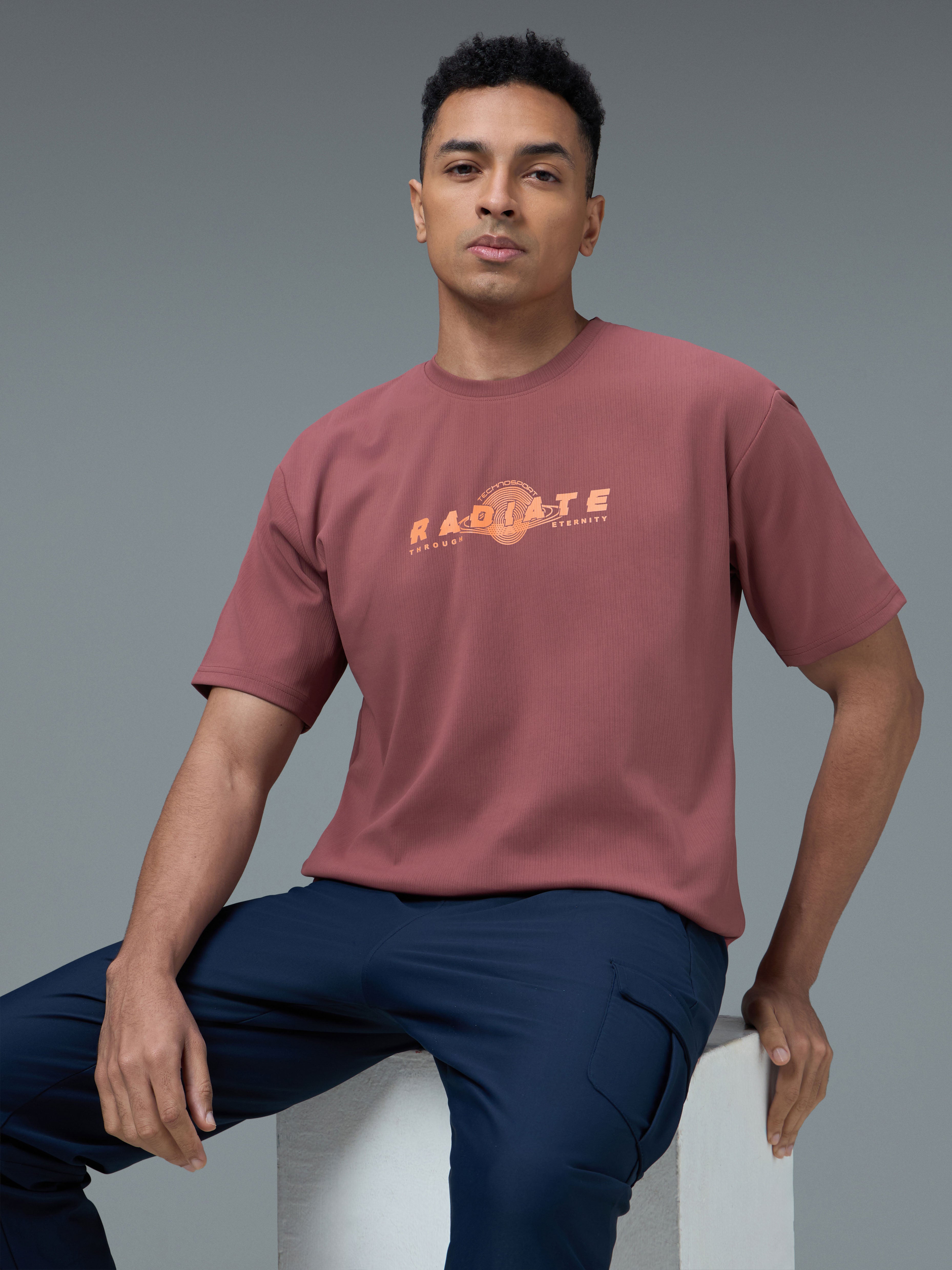 Men Round Neck Typography Printed Active Out Slim Fit T-Shirt with ELASTOPLUS