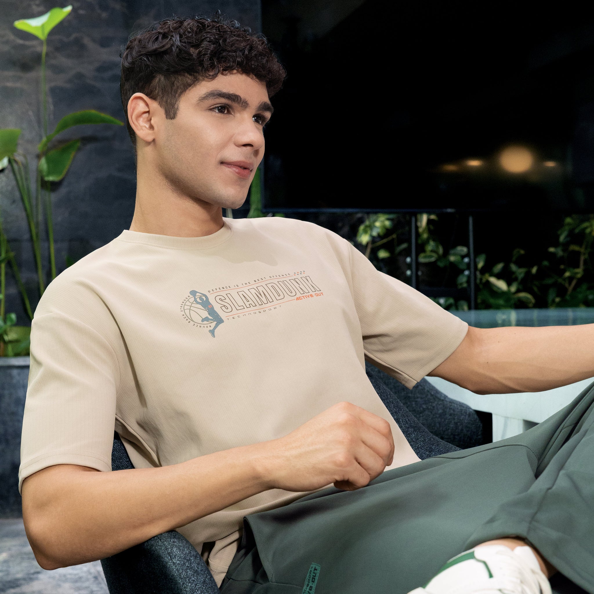 Men Round Neck Typography Printed Active Out Slim Fit T-Shirt with ELASTOPLUS