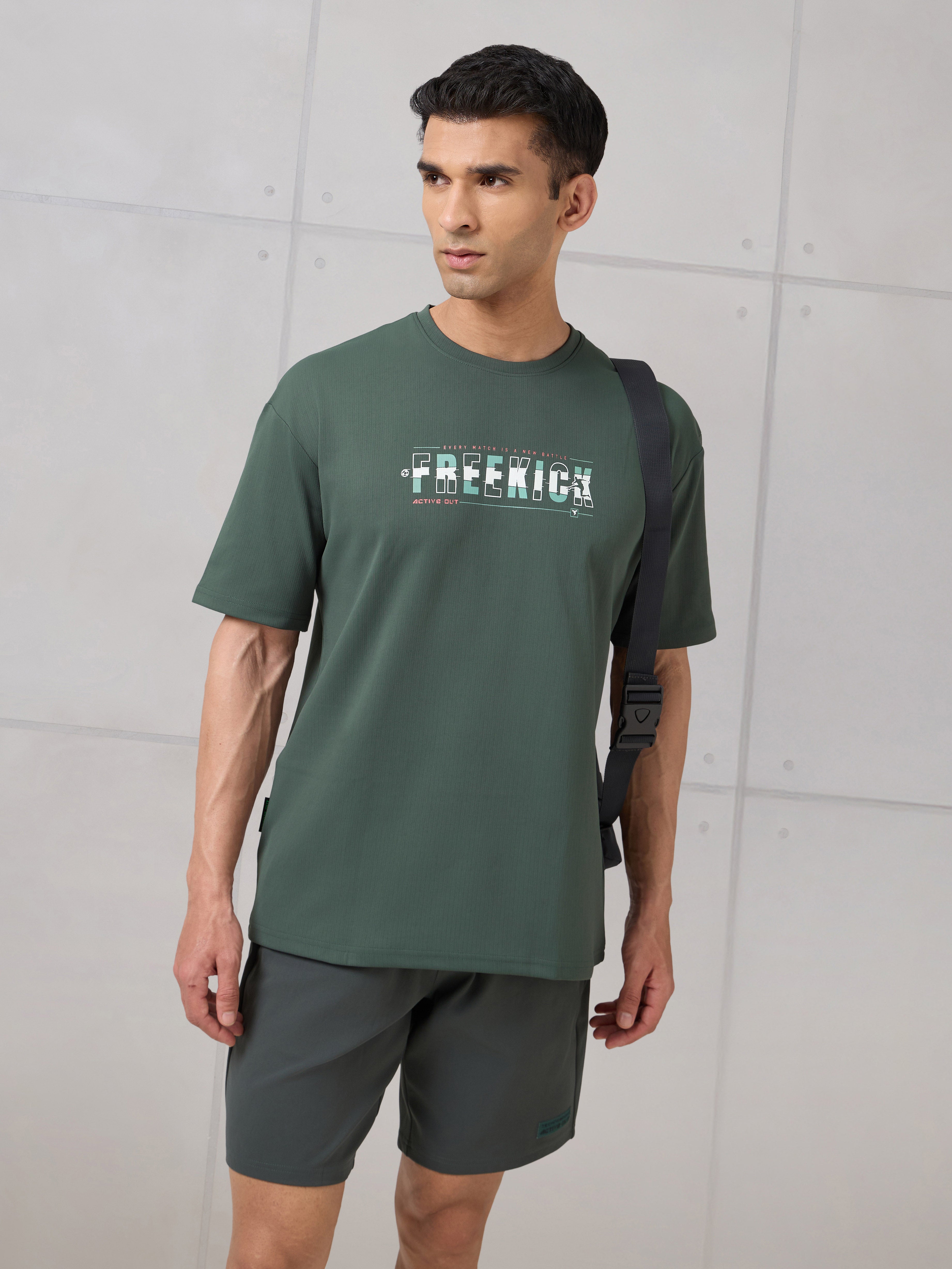 Men Round Neck Typography Printed Active Out Slim Fit T-Shirt with ELASTOPLUS