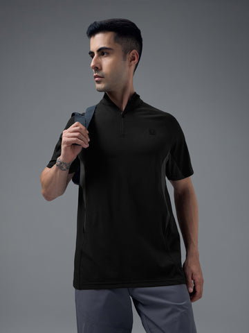Men Colorblock Slim Fit Mock Neck Sports T-shirt with COTFLEX