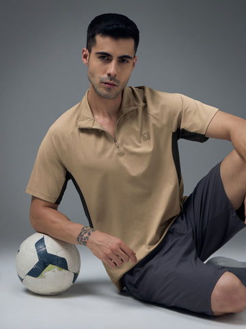 Men Colorblock Slim Fit Mock Neck Sports T-shirt with COTFLEX