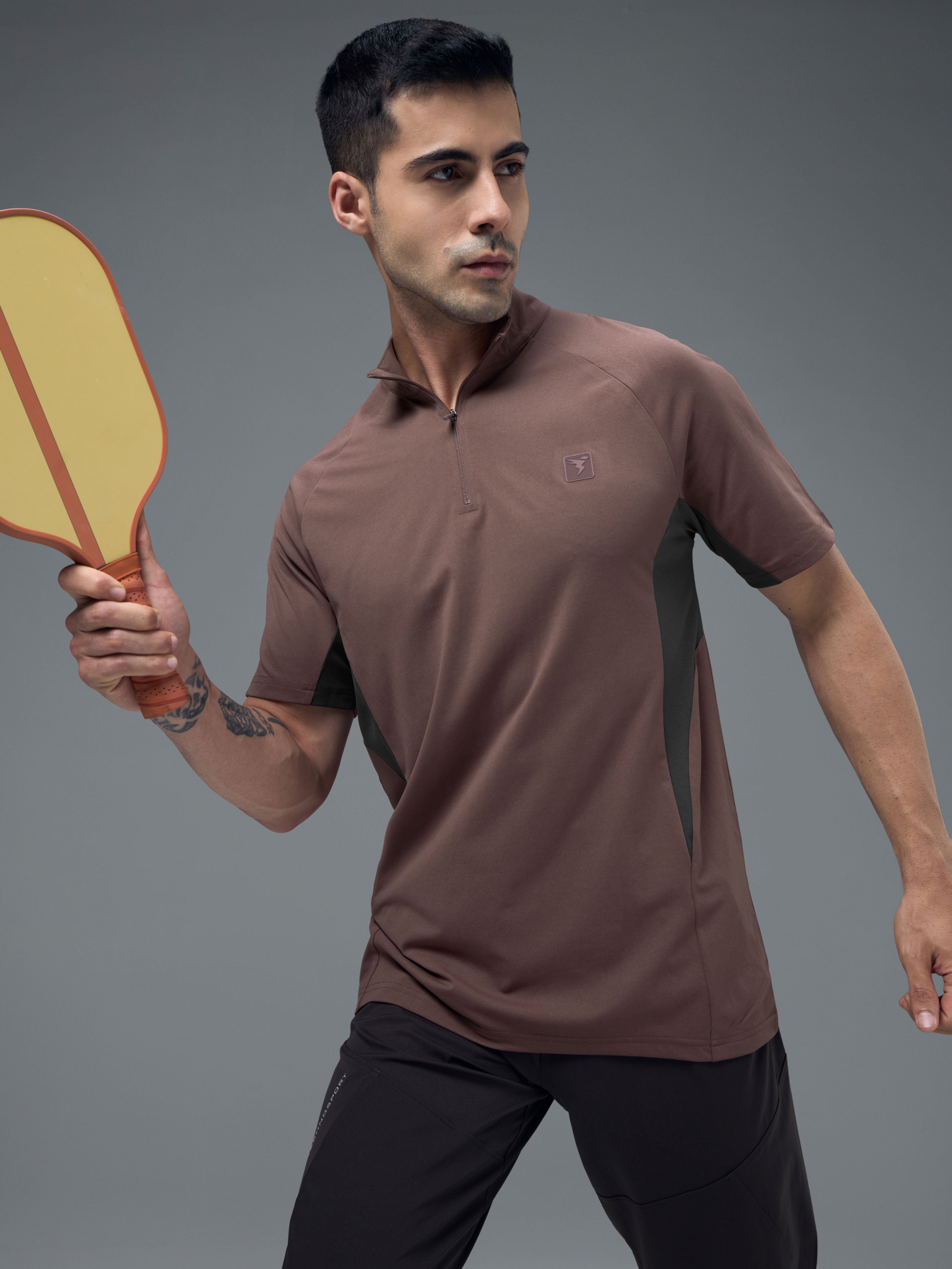 Men Colorblock Slim Fit Mock Neck Sports T-shirt with COTFLEX