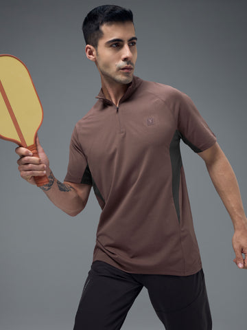 Men Colorblock Slim Fit Mock Neck Sports T-shirt with COTFLEX