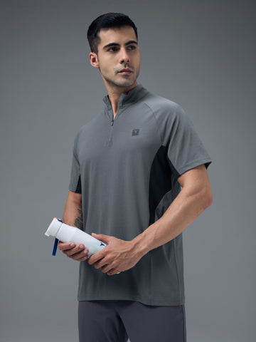 Men Colorblock Slim Fit Mock Neck Sports T-shirt with COTFLEX