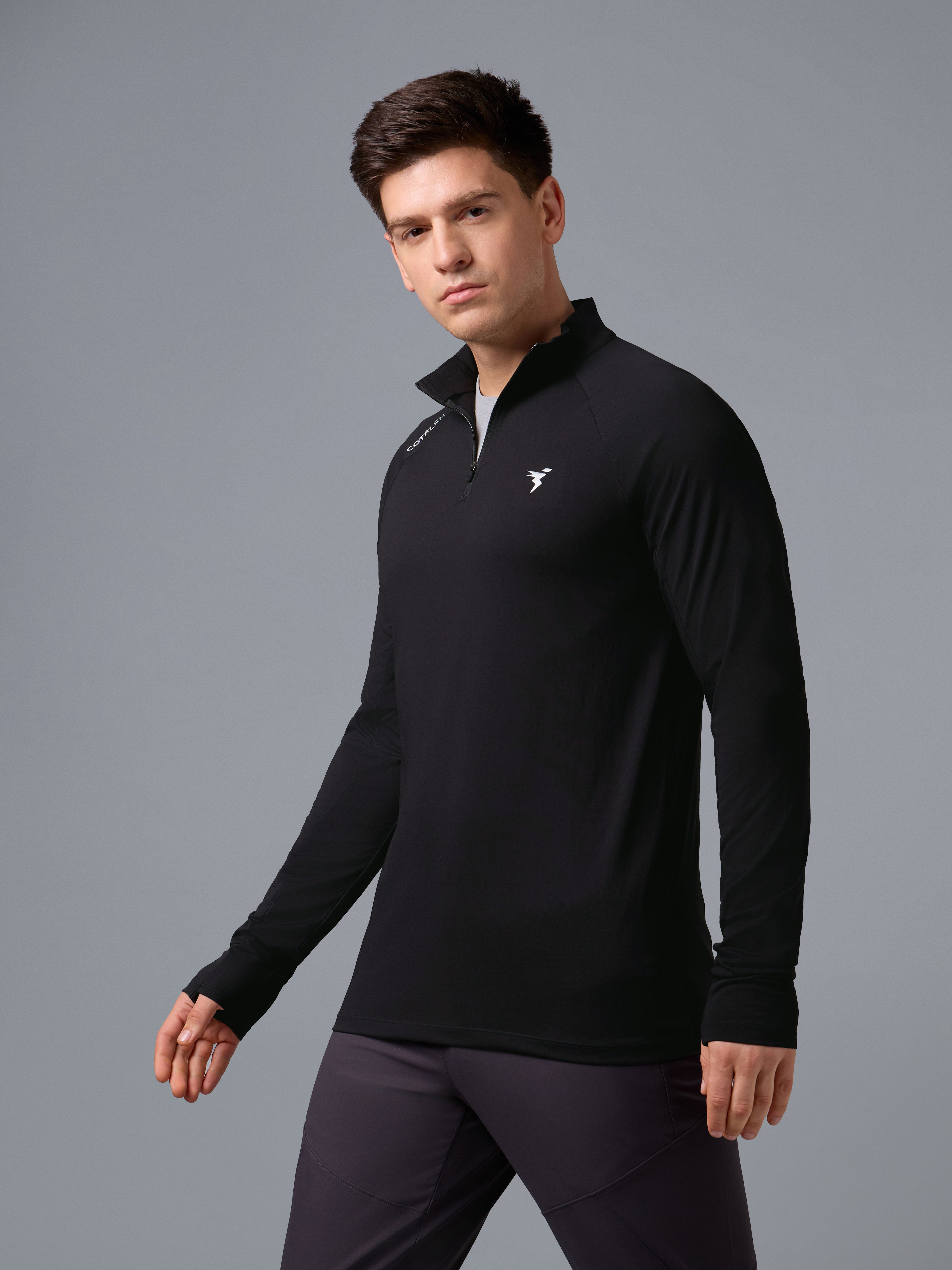 Men Solid Slim Fit Mock Neck T-shirt with COTFLEX
