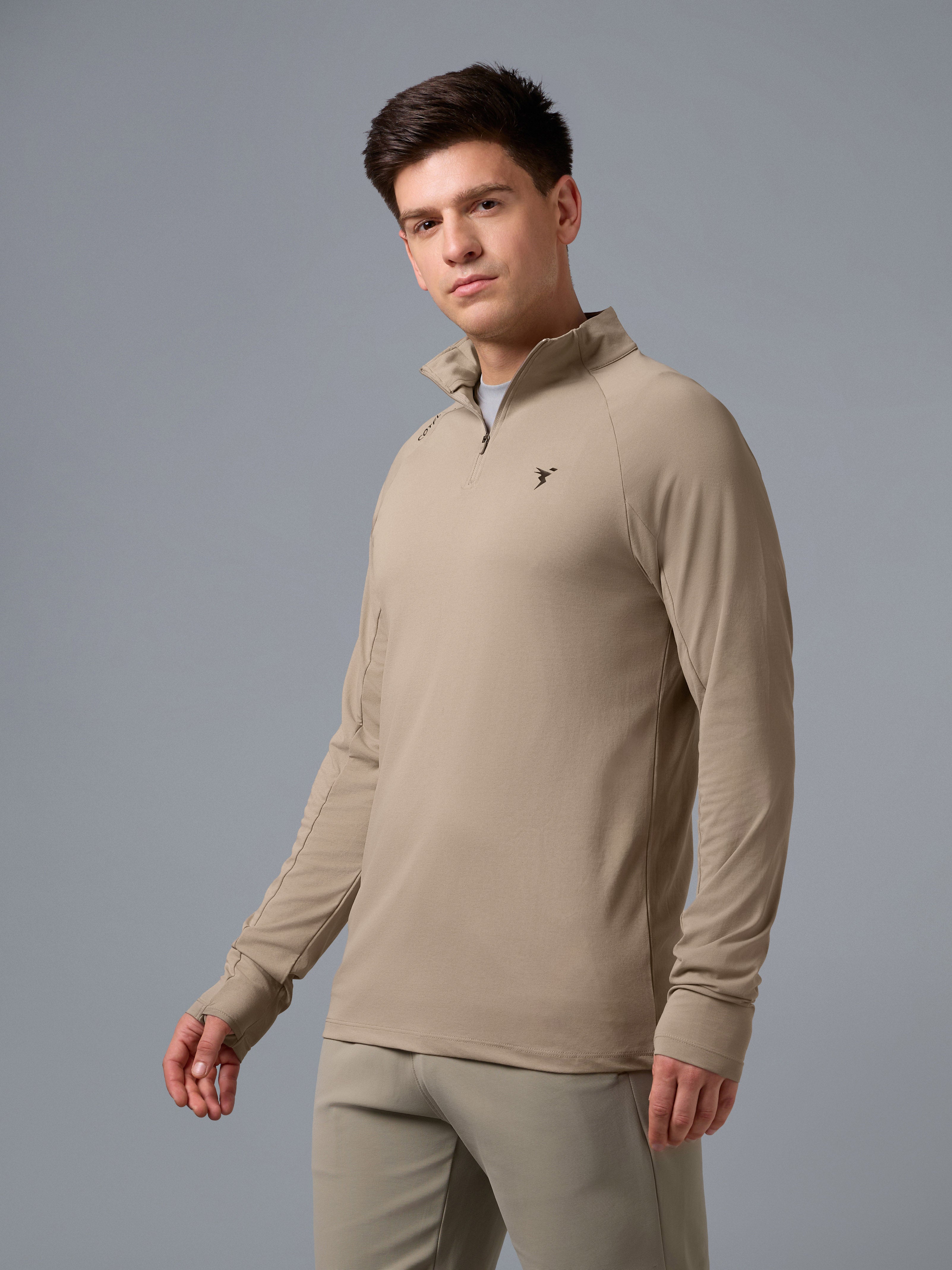 Men Solid Slim Fit Mock Neck T-shirt with COTFLEX