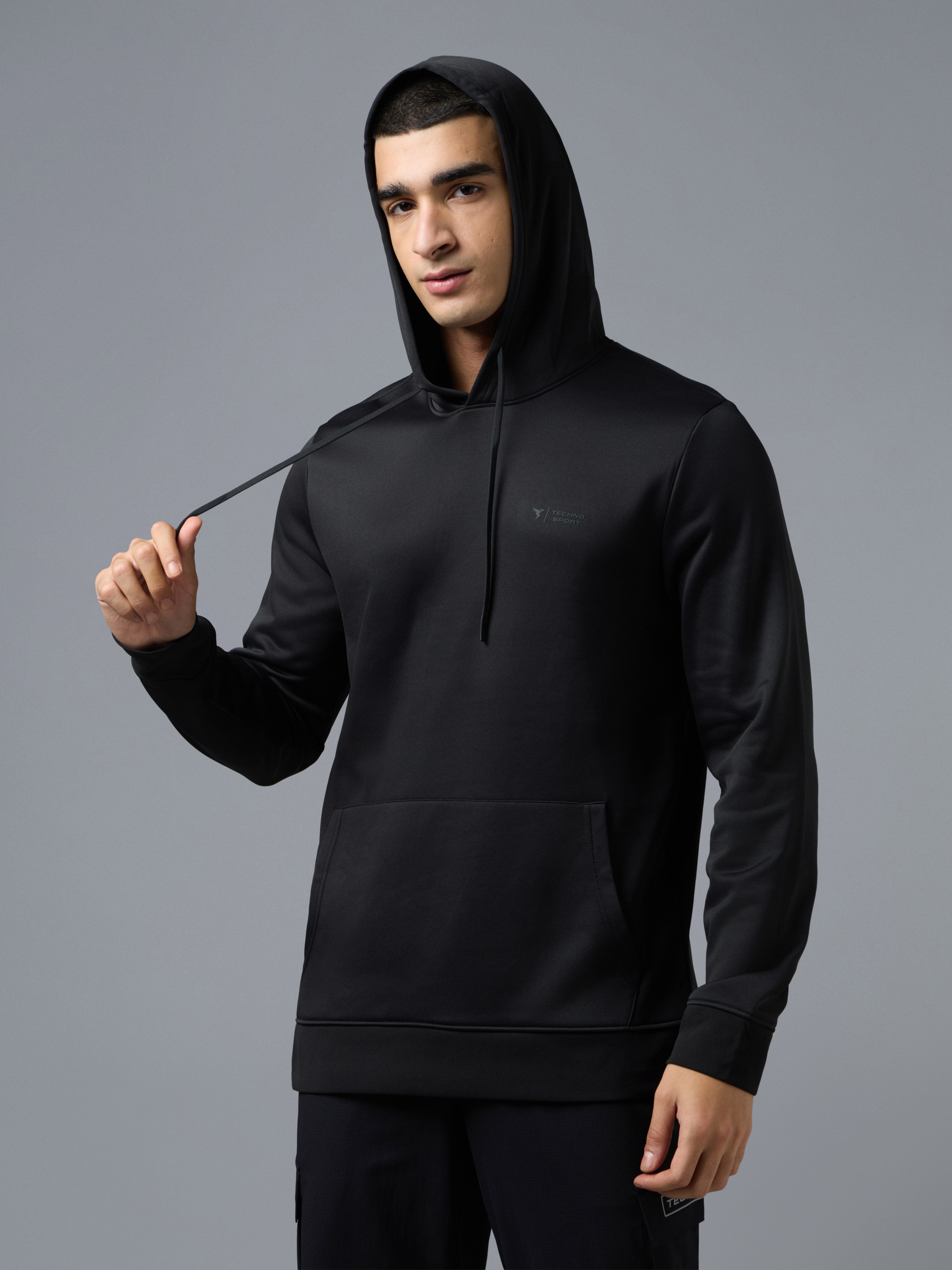 Men Solid Regular Fit Hooded Sweatshirt with TECHNO WARM+