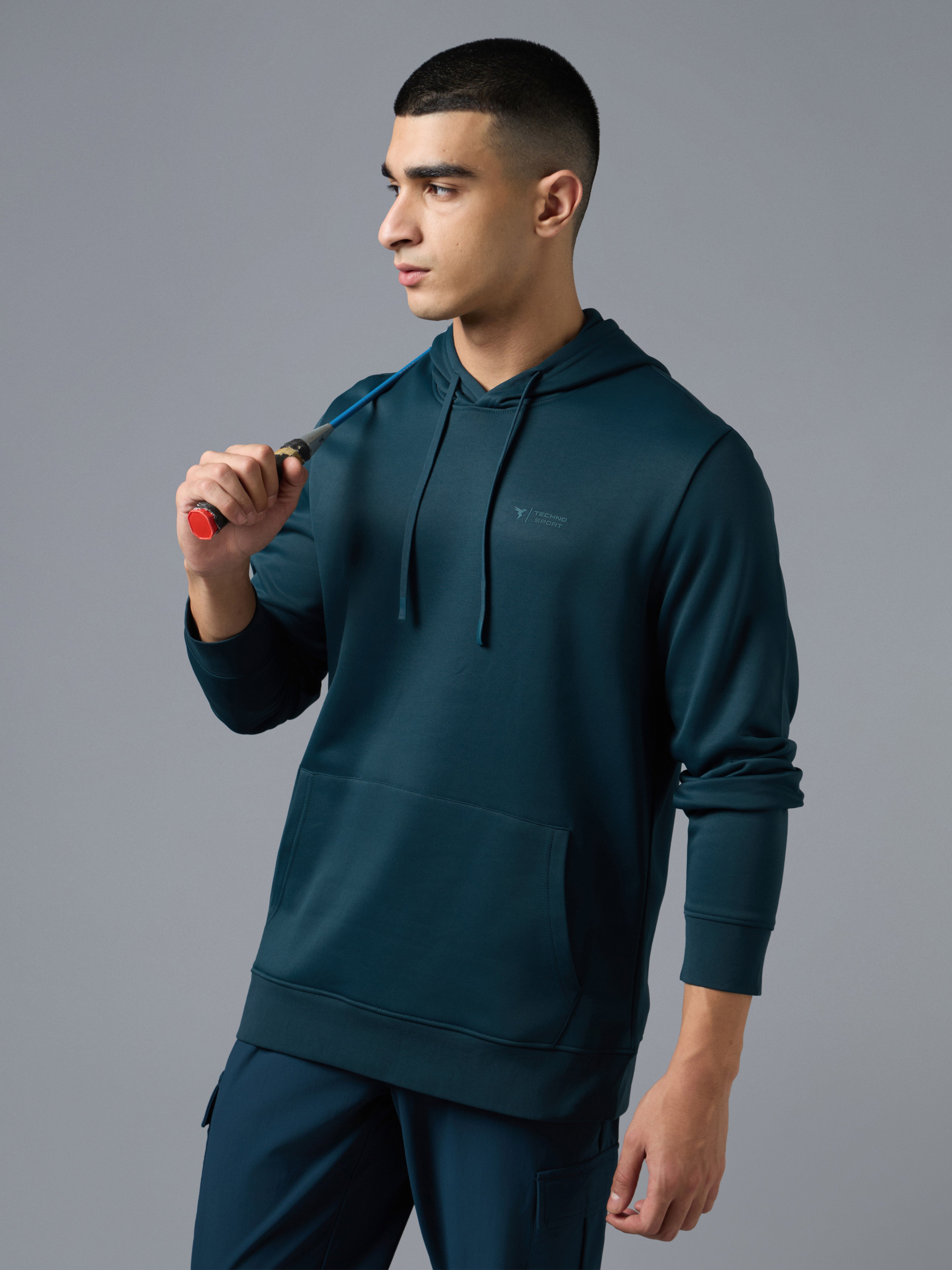 Men Solid Regular Fit Hooded Sweatshirt with TECHNO WARM+
