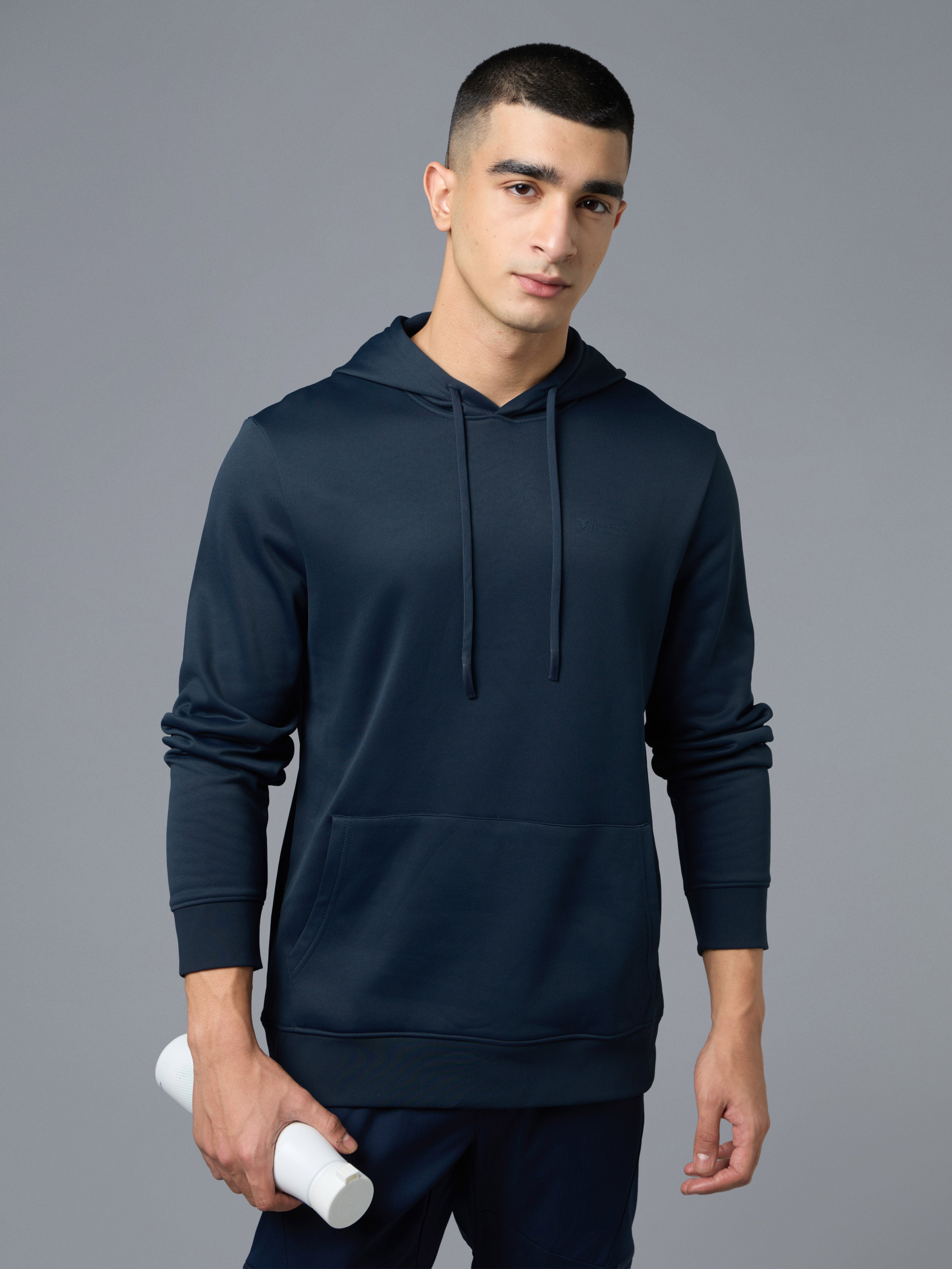 Men Solid Regular Fit Hooded Sweatshirt with TECHNO WARM+