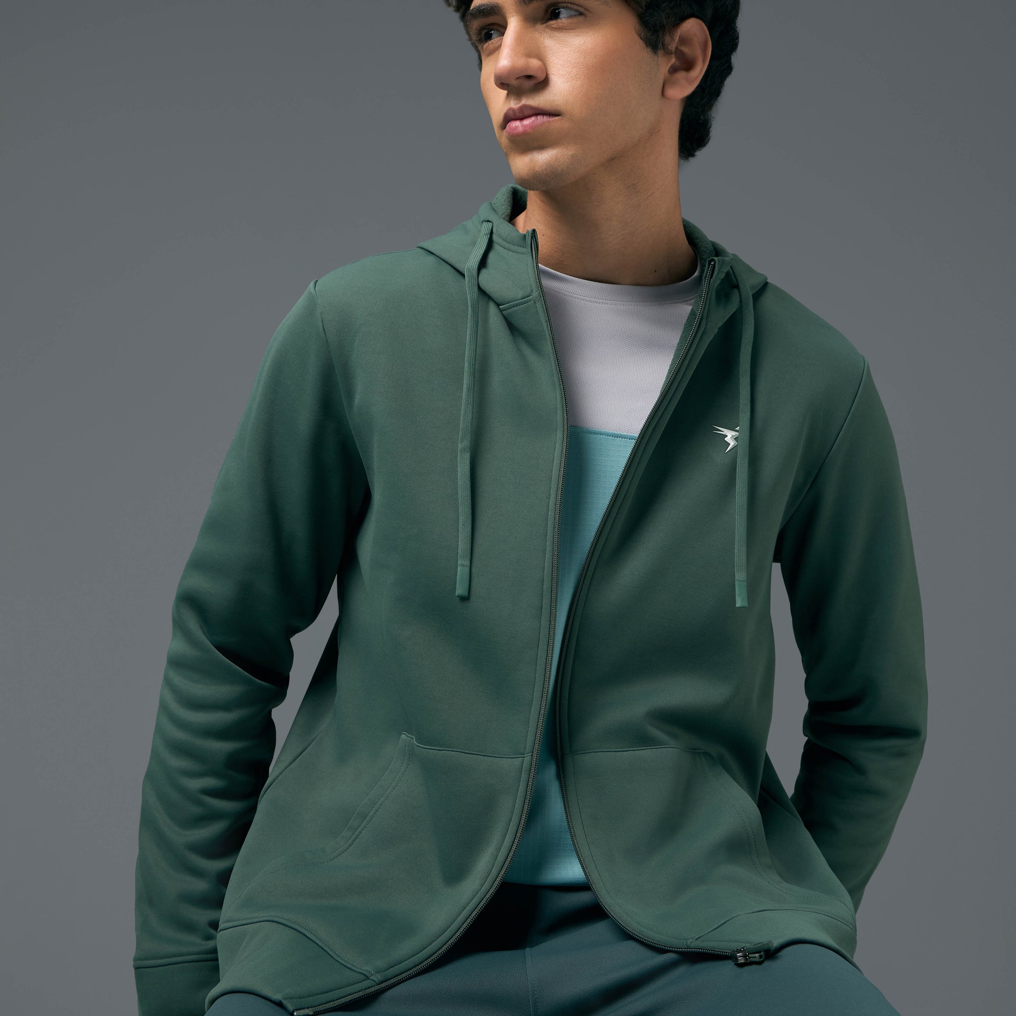 Men Solid Slim Fit Hooded Jacket with TECHNOWARM+