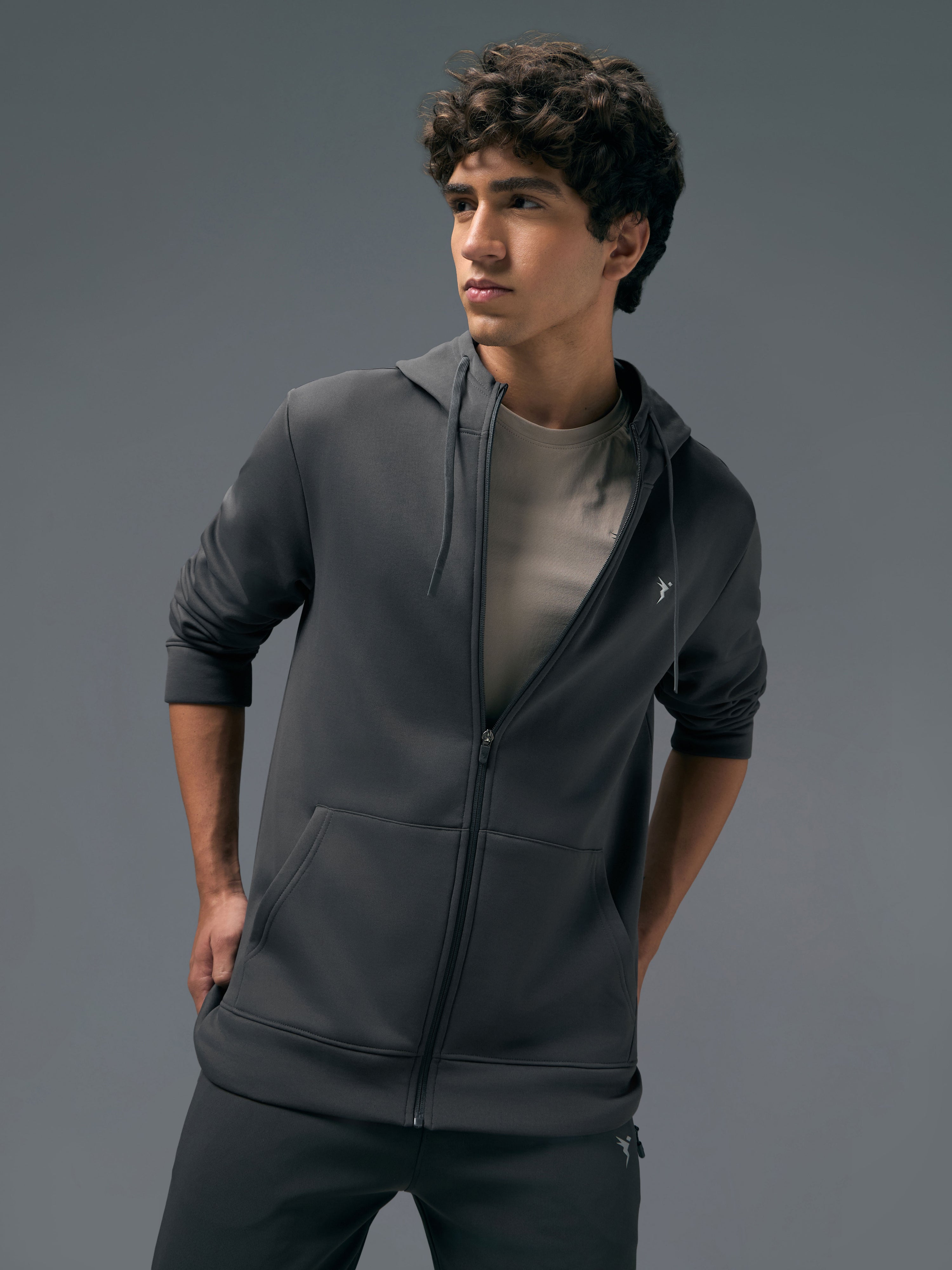 Men Solid Slim Fit Hooded Jacket with TECHNOWARM+