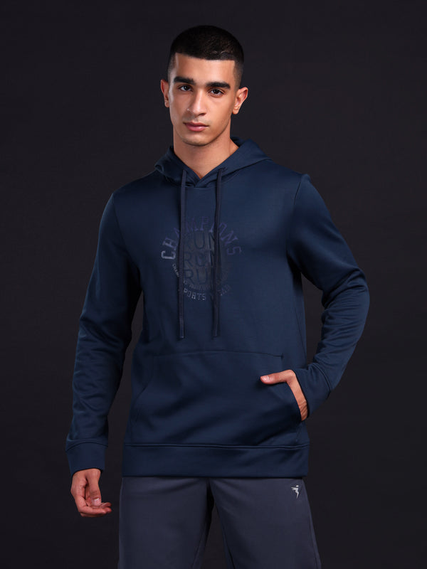 Men Printed Slim Fit Hooded Sweatshirt with TECHNOWARM+