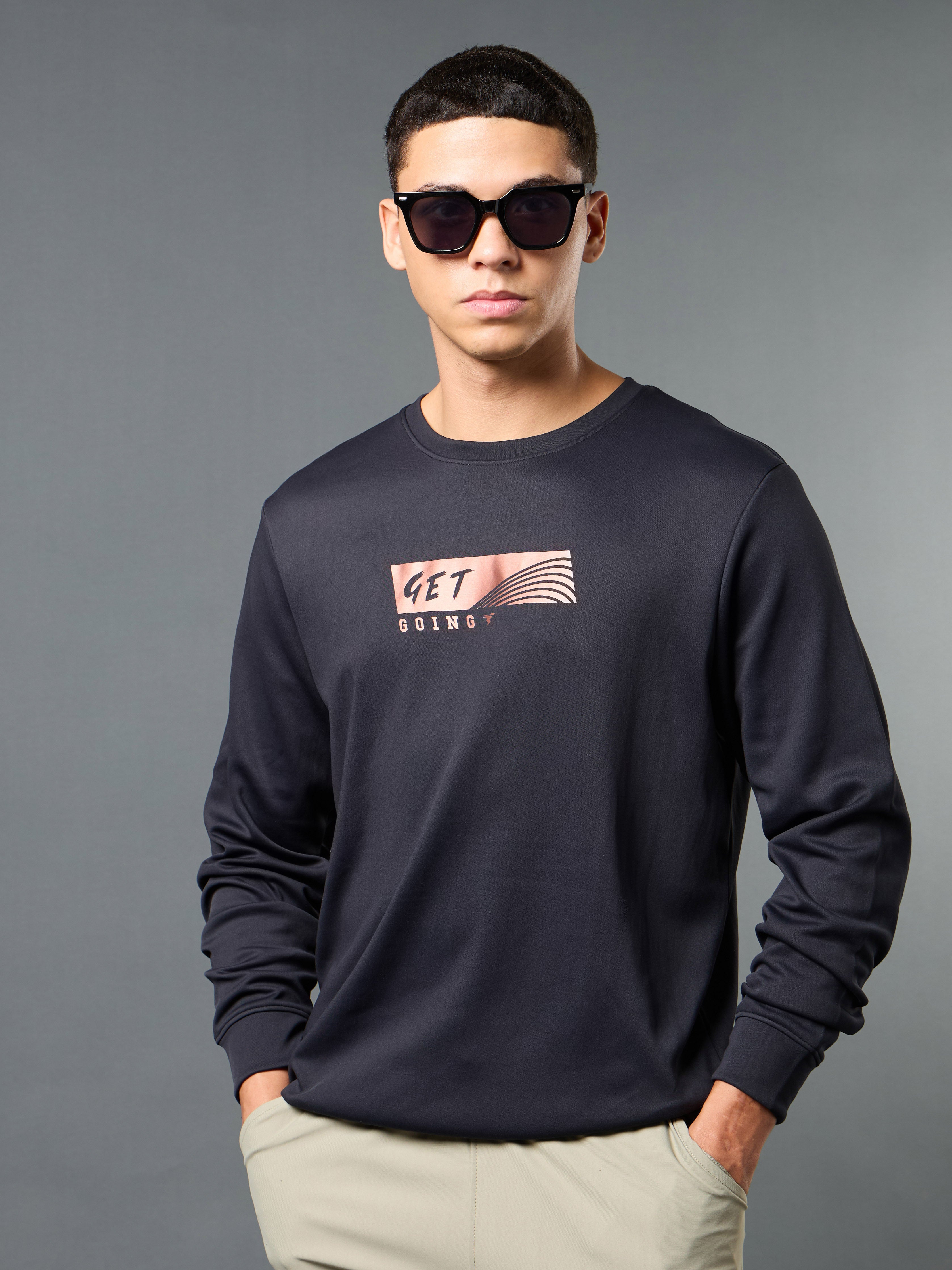Men Printed Slim Fit Crew Neck Sweatshirt with ELASTO PLUS