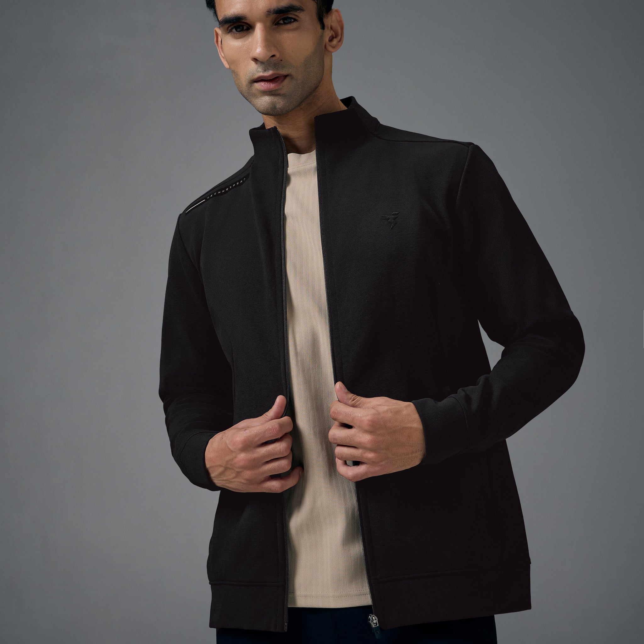 Men Solid Slim Fit Mock Neck Jacket with ELASTO PLUS