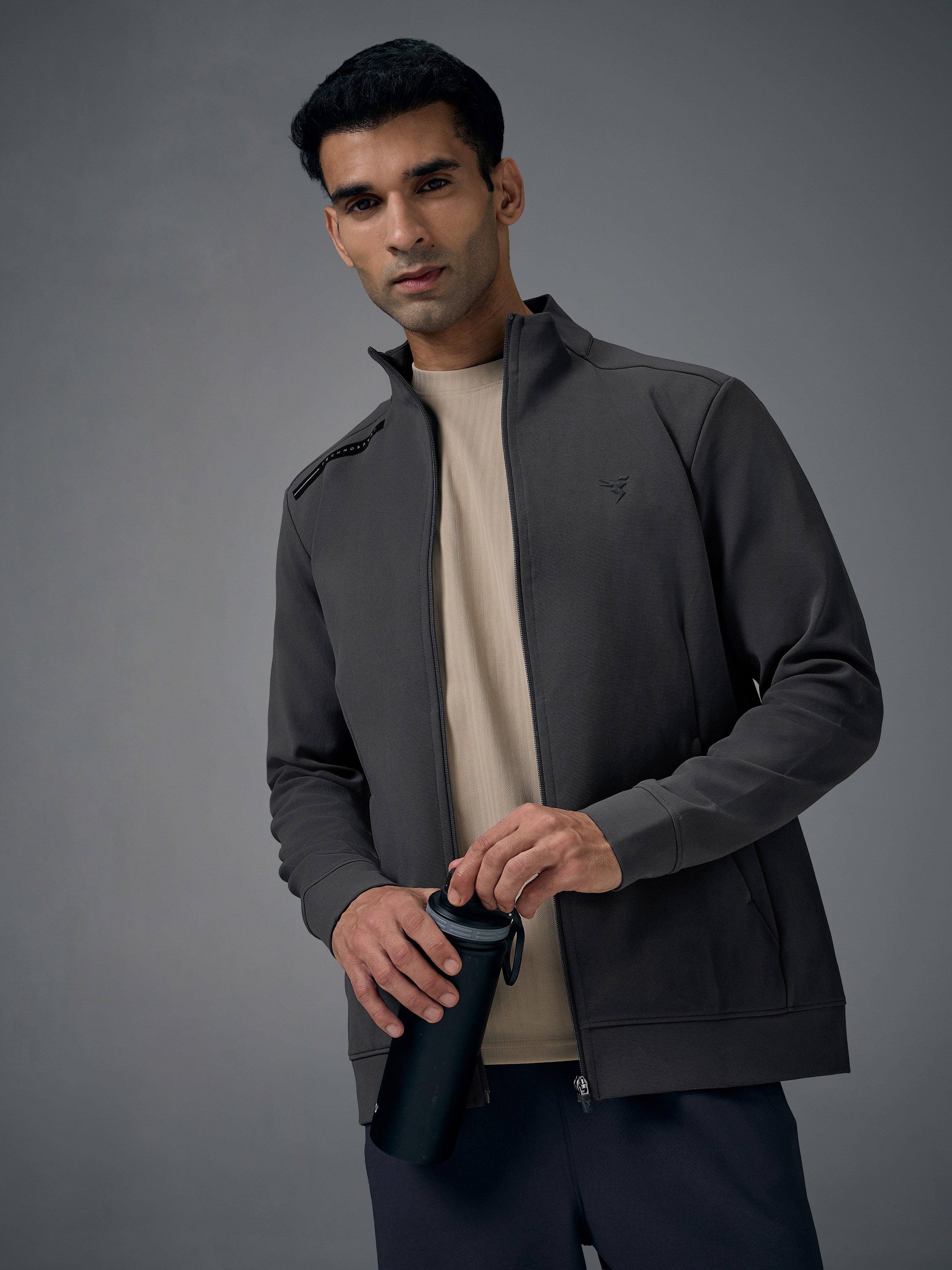 Men Solid Slim Fit Mock Neck Jacket with ELASTO PLUS