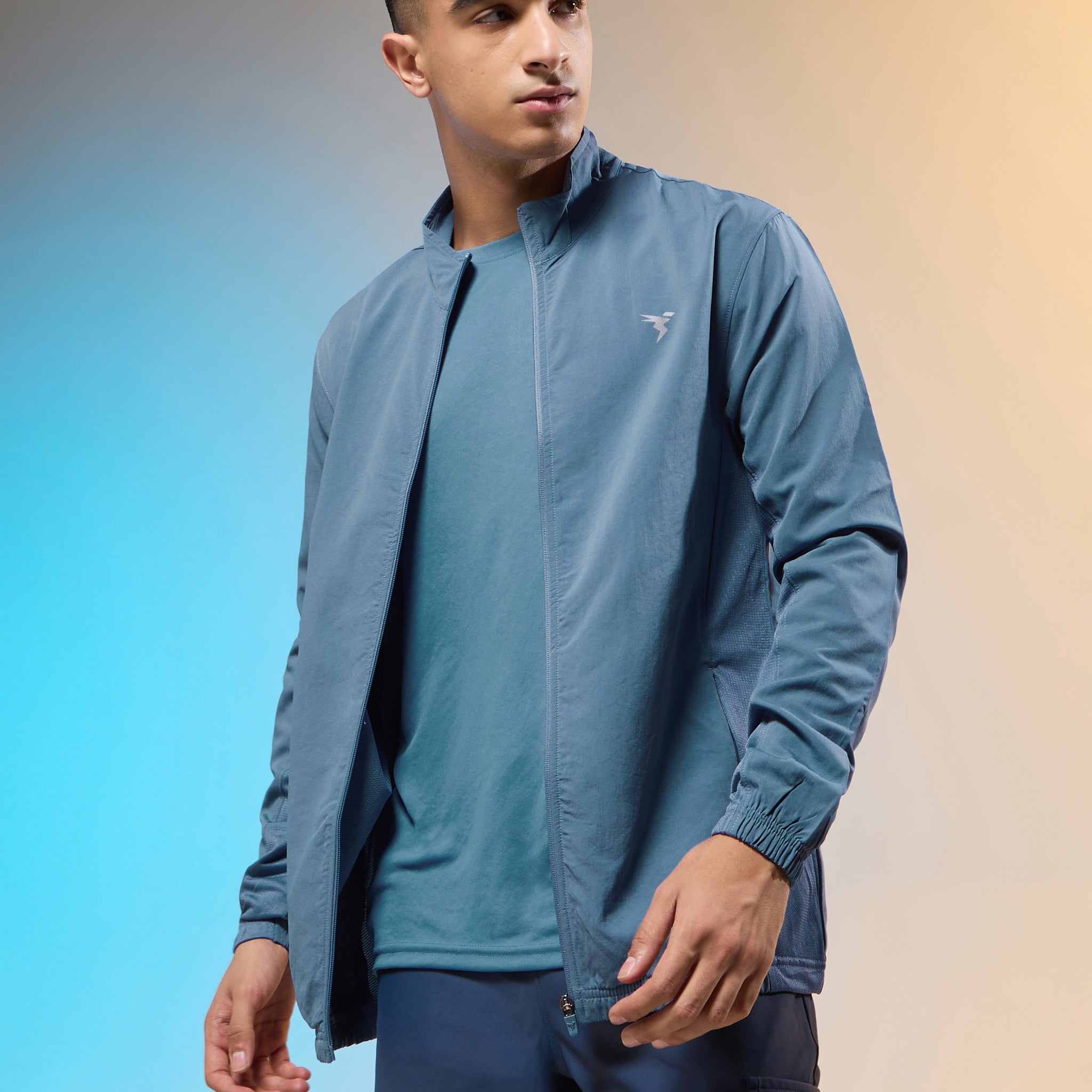 Men Solid Slim Fit Mock Neck Jacket with TECHNOLITE