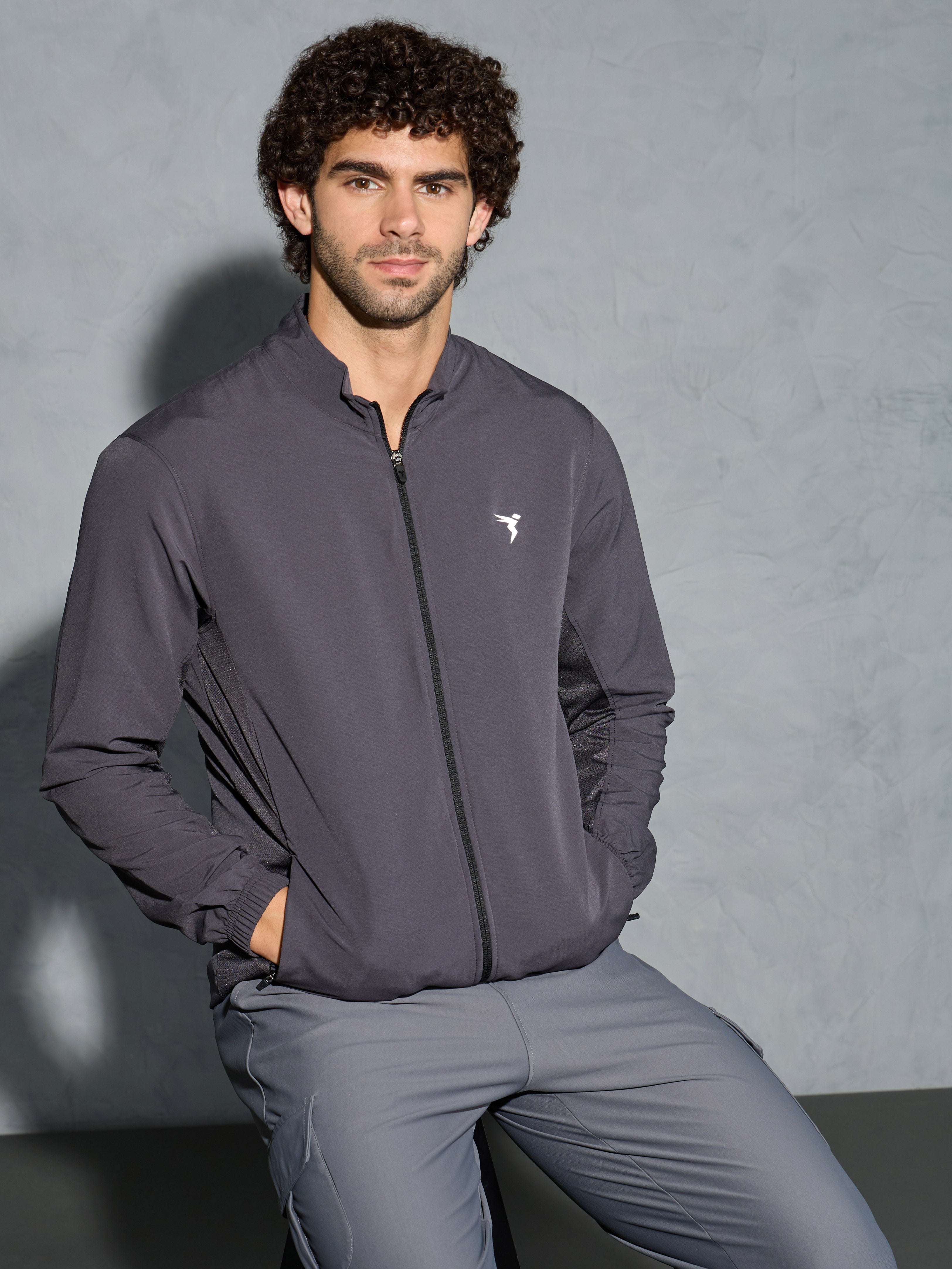 Men Solid Slim Fit Mock Neck Jacket with TECHNOLITE
