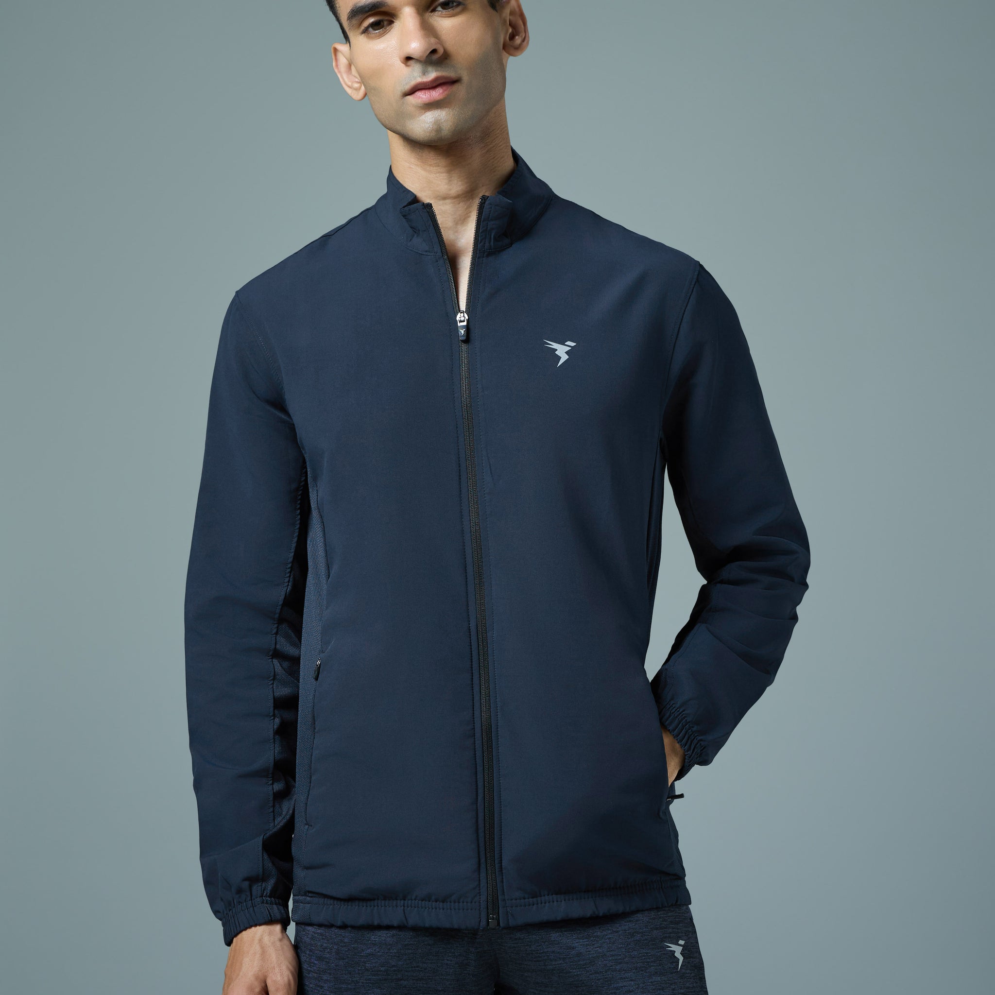 Men Solid Slim Fit Mock Neck Jacket with TECHNOLITE