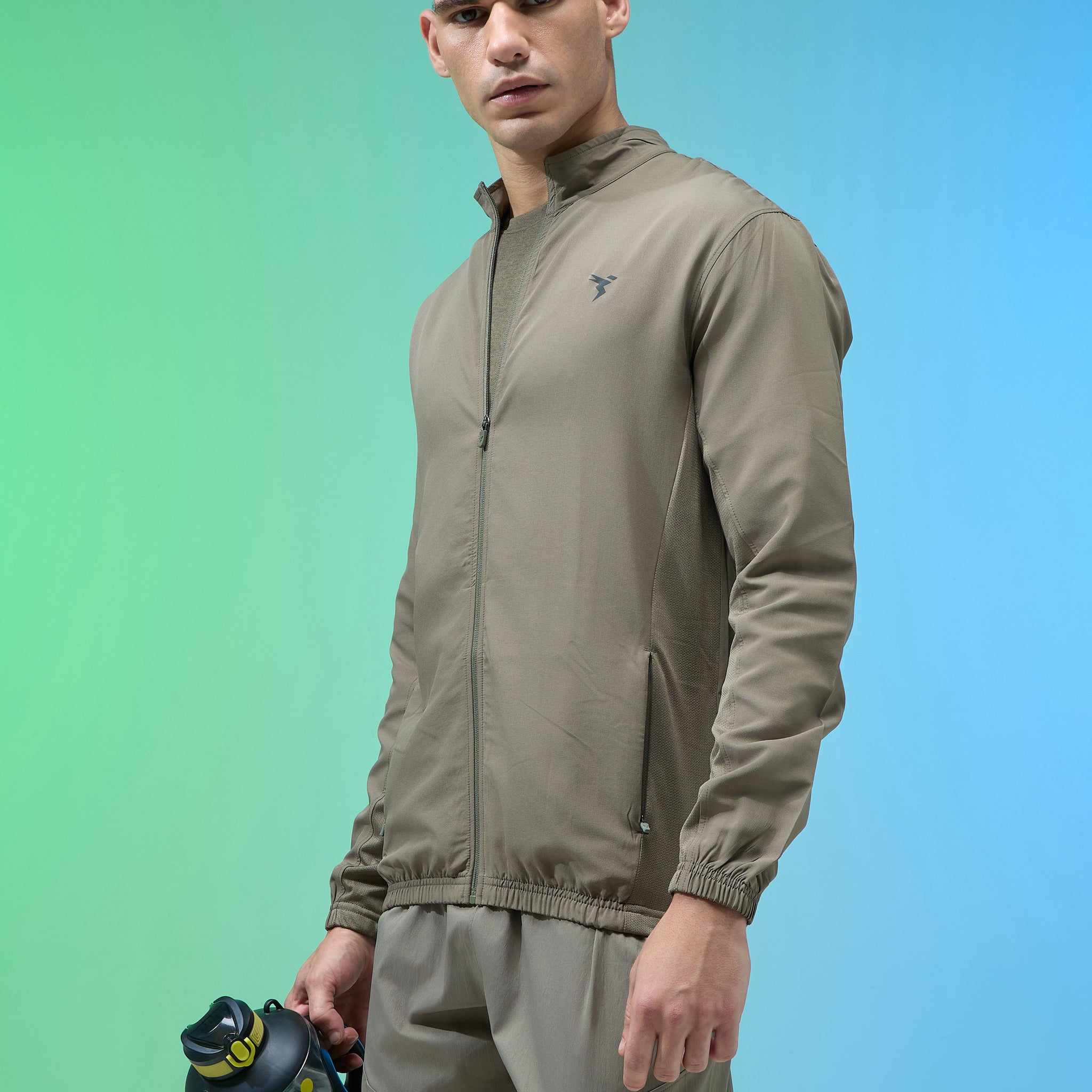 Men Solid Slim Fit Mock Neck Jacket with TECHNOLITE