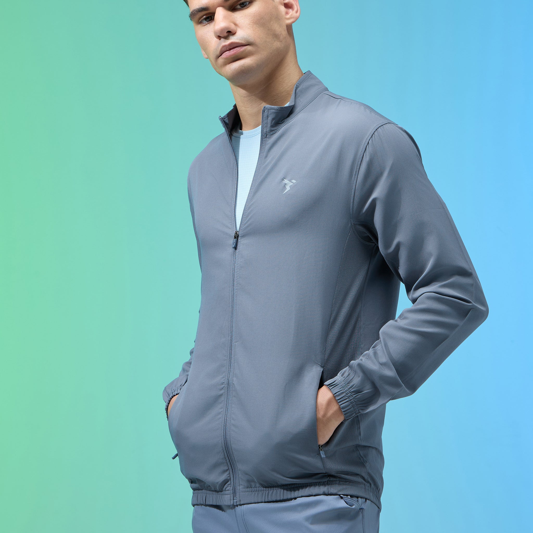 Men Solid Slim Fit Mock Neck Jacket with TECHNOLITE