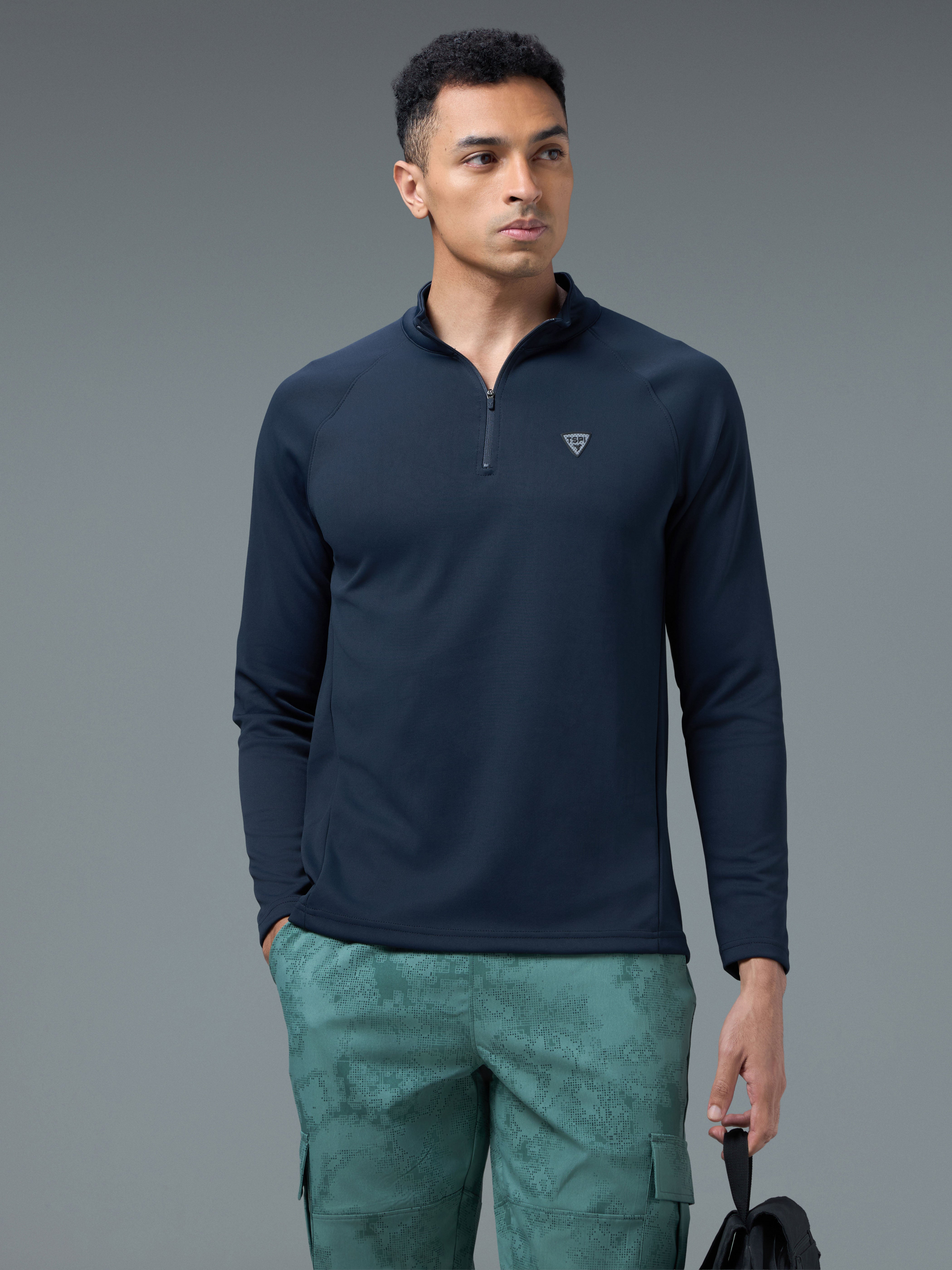 Men Solid Slim Fit Mock Neck Sports Sweatshirt with ELASTO PLUS